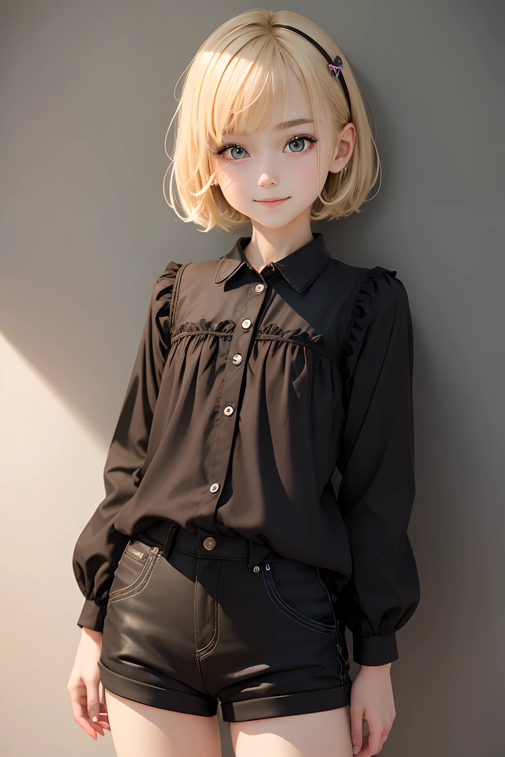 Highest Quality, super detailed, High resolution, One girl, Smile, Short hair, hair clips, Black shorts, a blond, Very cute girl, Small, 年轻, Delicate, Note to girls