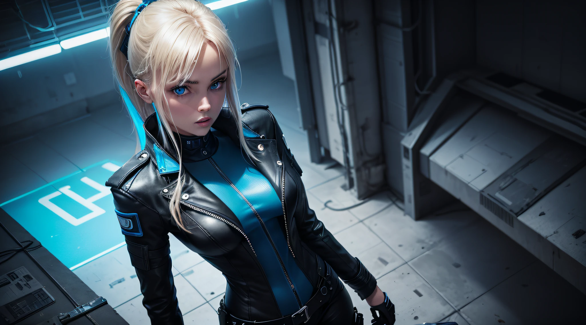 Camera-centered image seen from above of the 45 degree figure downwards in an empty dark hangar with neon blue, aucun objet, 1 fille russe, long cheveux blond, yeux bleu magnifique, Cyberpunk style black leather garment, ultra realist