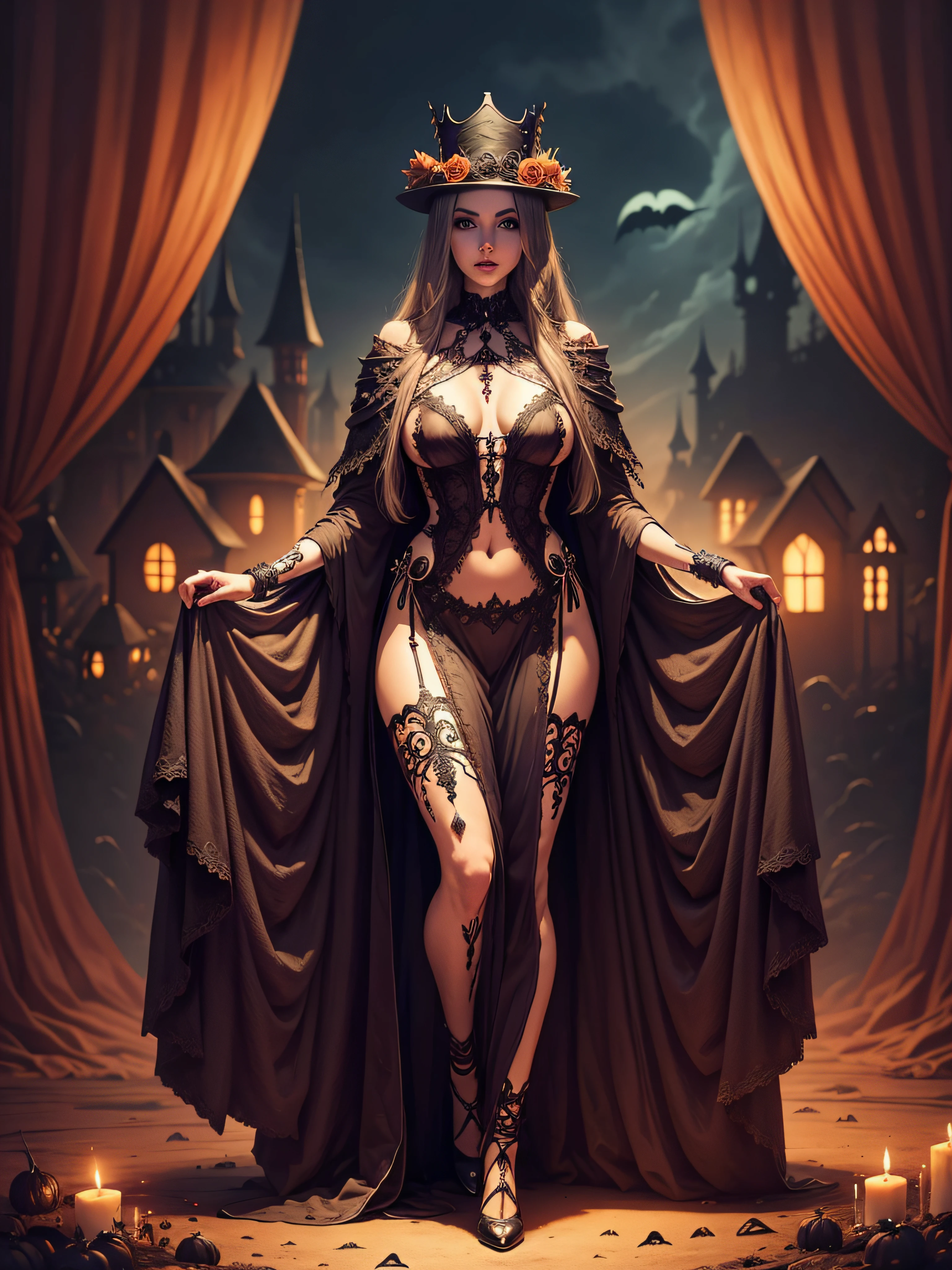 Landscape full body queen without clothes of the dead, Halloween palace in the valley, theme Halloween spectacular intricate detailed, surreal