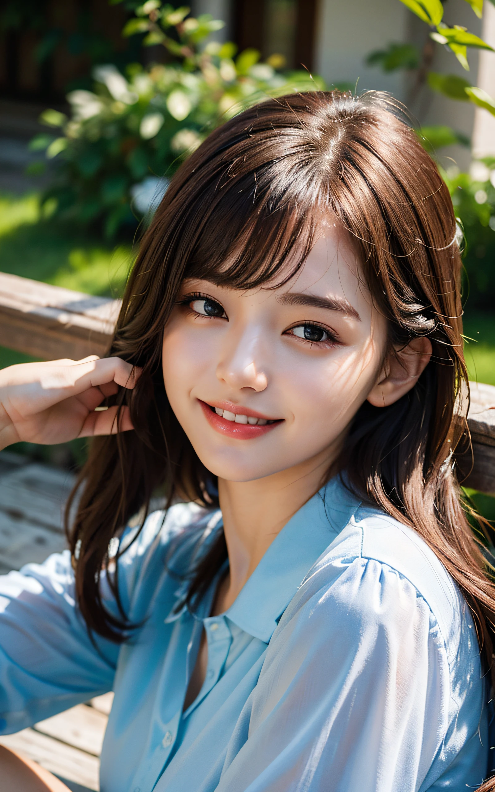 Full Body Angle、((highest quality, 8K, masterpiece: 1.3)), concentrated: 1.2, Cute girl 1,Nipples erect、 Perfect beauty: 1.4,Crisscross V-neck T-shirt, Casual summer short sleeve t-shirt: 1.2,Long sleeve、Randall Color、comics＆Text Graphics、Black ruffle-trimmed drawstring zip blouse,1.1, Highly detailed face and skin textures, Fine grain, double eyelid, whitening skin, ,highest quality,Ultra-high resolution,you,1 girl,alone,_Shiny_skin,Iris,necklace,((Brown_length_Wavy_hair)),(lips)),eyelash,Front hair,deal with,compensate,Shiny,pore,skin texture,Large Breasts、smiling face、Front hair、garden、