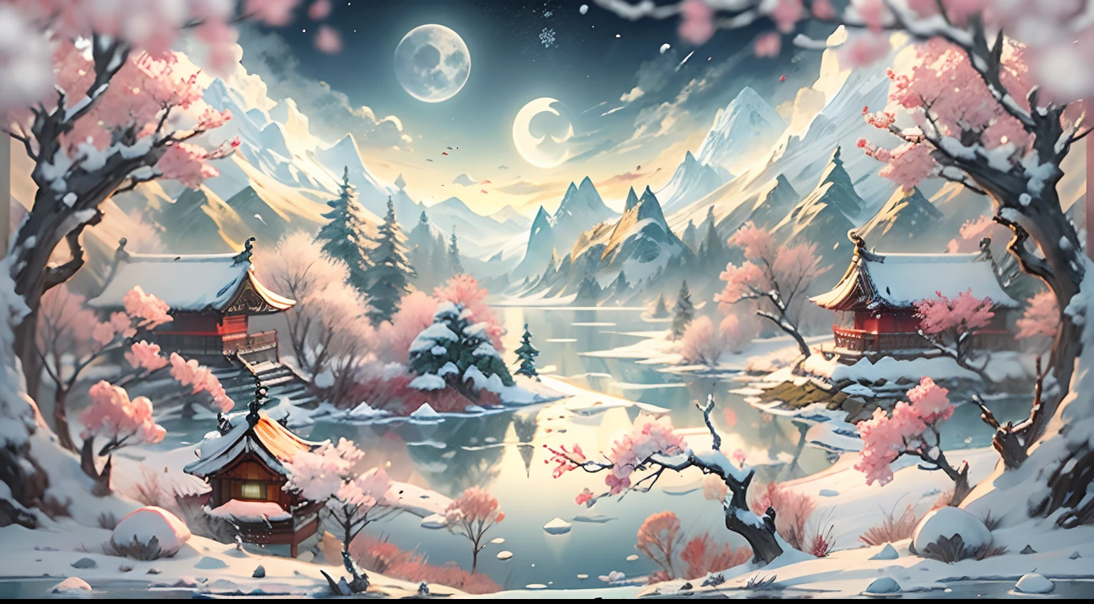 Snow White,pavilion,club,plum,Red plum,Pink plum blossom,Traditional Chinese style pavilion,Thick snow white,The Moon,Rays of moonlight,24K HD quality,Ultra-detailed depiction,Master Painting,HD wallpapers,deep depth of field,In panoramic view,Frozen Lake,