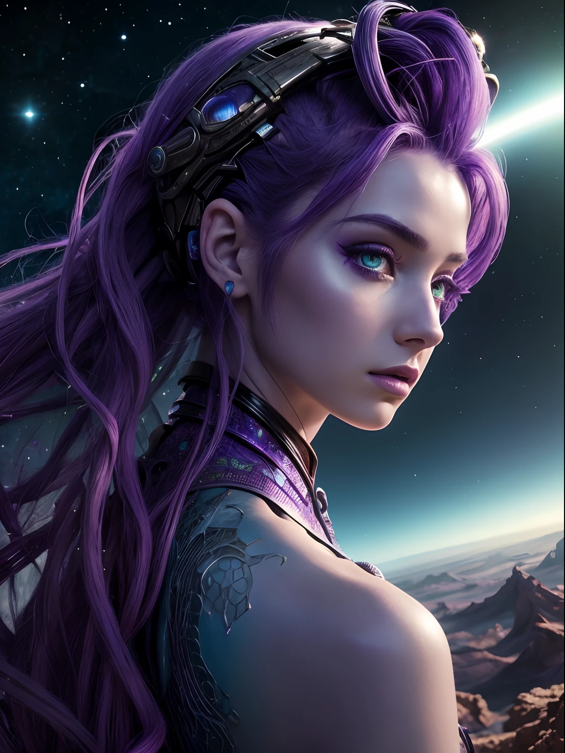 Masterpiece, RAW photo, hyper photorealistic, Beautiful alien girl with a lot of purple hair, on a far fantastic planet, cosmic landscape, cute sexy, highly detailed, sci-fi aesthetic, fantasy aura, unearthly vegetation, by rutkowski, hdr, intricate details, hyperdetailed, cinematic, depth of field, rim light