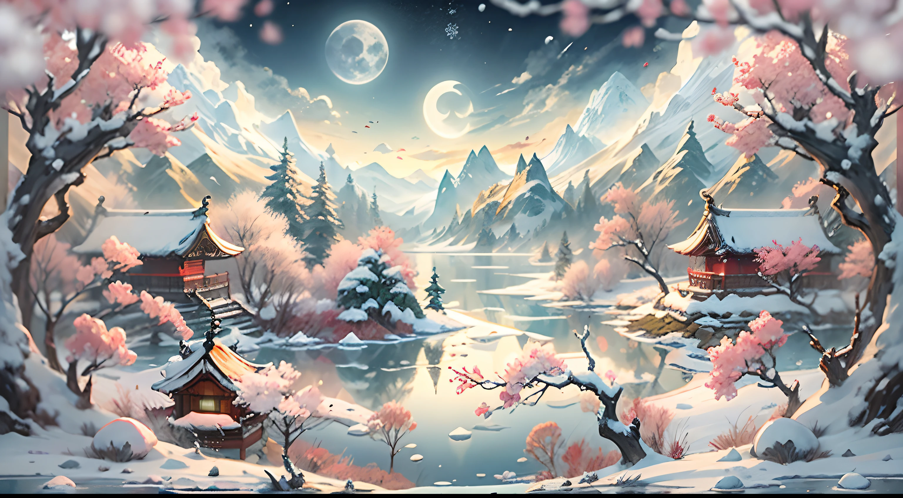 Snow White,pavilion,club,plum,Red plum,Pink plum blossom,Traditional Chinese style pavilion,Thick snow white,The Moon,Rays of moonlight,24K HD quality,Ultra-detailed depiction,Master Painting,HD wallpapers,deep depth of field,In panoramic view,Frozen Lake,