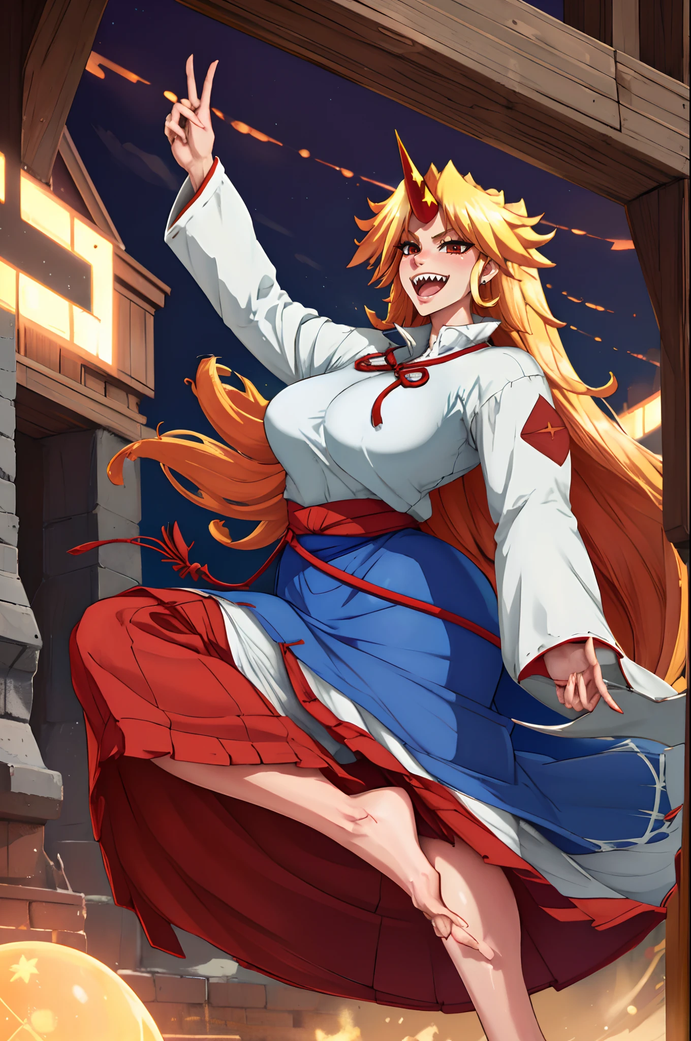 hoshiguma yuugi, european medieval cloths, crazy smile, medium breast, large skirt, long skirt, flipflops, full body, standing, medieval clothing,long skirt,(best quality,4k,8k,highres,masterpiece:1.2),ultra-detailed,(,1.37),portraits,vivid colors,warm tones,soft lighting, sharpteeth open mouth ,smile, double long skirt, long sleeves, white pullover, red and blue skirt,ultra-detailed hands,long hair, living hair