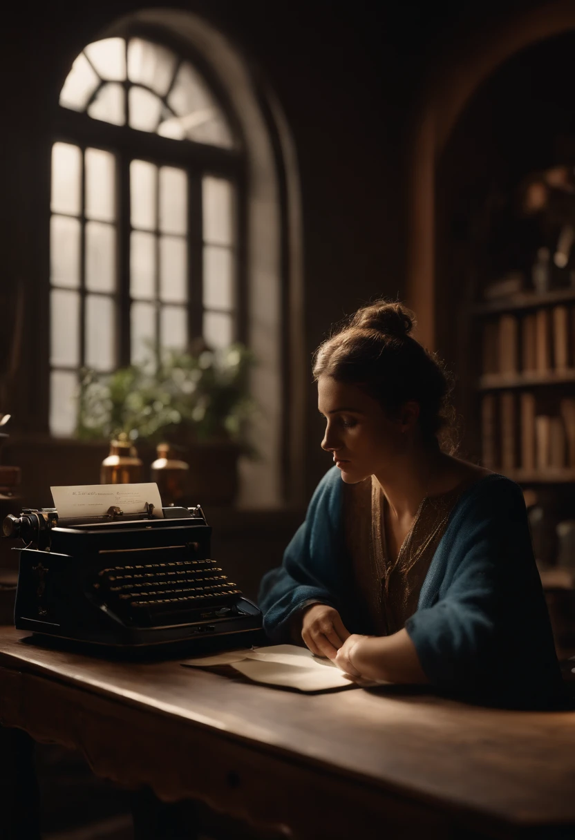 joven alto de espalda, apuesto y de cabello oscuro; encorvado, sitting in a chair in front of a window in the blue hour of the afternoon using a typewriter placed on a pine desk; On the left is an ashtray with cigarette butts and an old lamp and on the right a stack of papers.; Sala grande, una obra maestra, 8K resolution, dark fantasy concept art, de Greg Rutkowski, dynamic lighting, hiperdetallada, intrincadamente detallada, arte en pantalla de bienvenida, tendencia en Artstation, color intenso, Unreal Engine, volumetric illumination, Alphonse Mucha, Jordan Grimmer, morado y colores complementarios amarillos