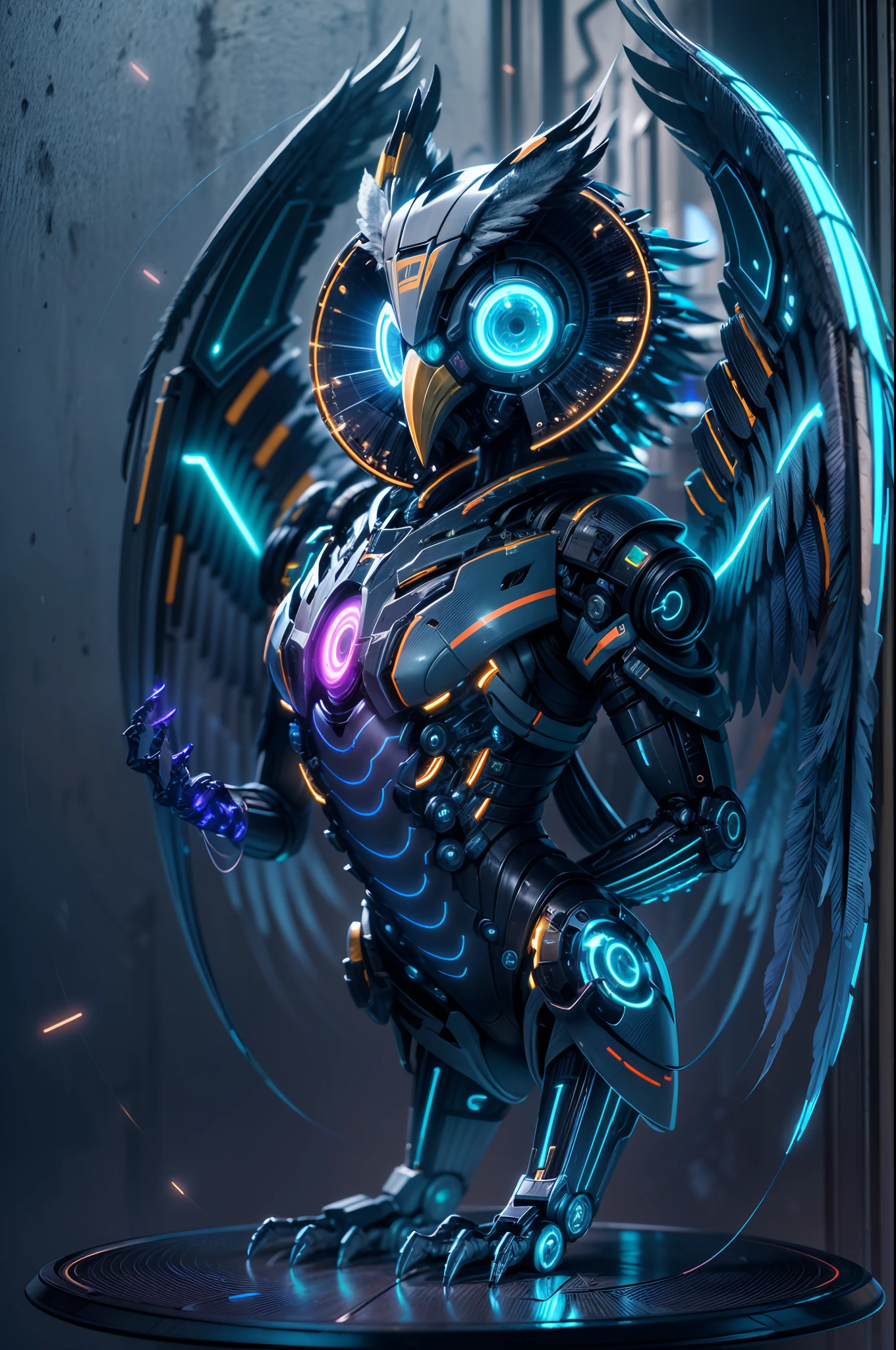 (best quality,4k,8k,highres,masterpiece:1.2),ultra-detailed),futuristic robotic owl,full body,colorful neon light,high-tech mechanical part,metallic claws and wings,metallic head and peck,metallic feathers,extremely cool,metallic legs,bionic eyes,detailed feathers design,sharp beak,hovering in mid-air,electric blue and vibrant purple colors,vivid glowing eyes,reflective metal surface,shadowy environment,dynamic pose,imposing presence,technological advancements,interlocking mechanical gears,dynamic and sleek design,motion blur effect,meticulous craftsmanship,sci-fi atmosphere,streamlined aerodynamic shape,laser scanned patterns,holographic projections,glowing circuitry lines,hauntingly beautiful,otherworldly precision,advanced sensors,complex algorithms,ominous and mysterious ambiance,electrical sparks,shiny chrome plating,futuristic propulsion system