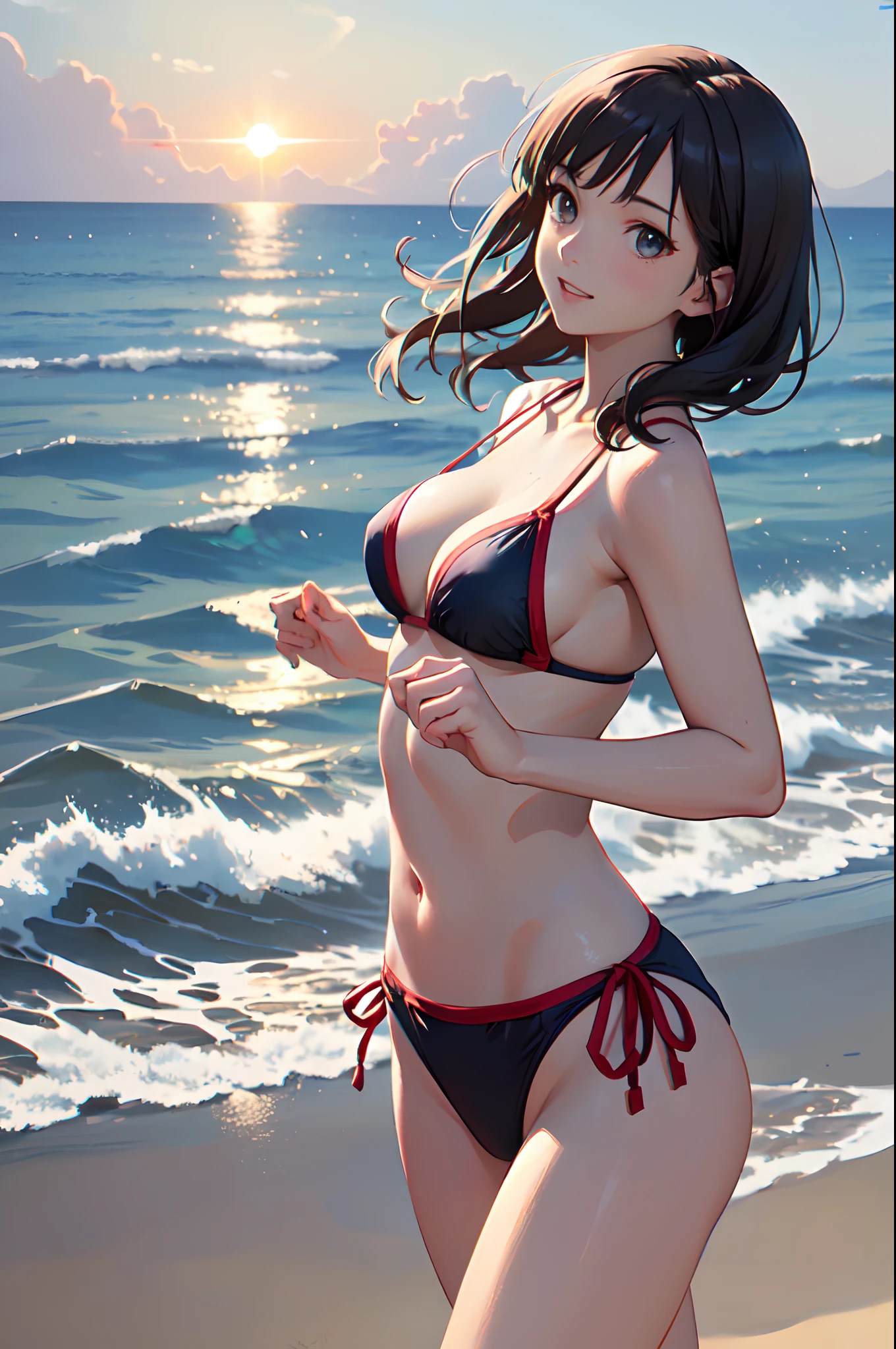 (cel anime:1.3)、(realistic illustration:1.3)、(masterpiece:1.3)、(top-quality:1.3)、ultra detailed、High resolution、(depth of fields)、(detailed eye)、(detailed facial features)、(Detailed fingers)、(detailed clothes features)、HDR、8K、skin tightening、(shinny skin)、(Slender girl)、landscapes、lovely、1woman、23years old、Japanese、((Cowboy Shot:1.3))、(Running on the beach:1.5)、(medium hair:1.3)、bangs、air blowing in wind、Looking away、cute little、happy laughing、(plunging swimwear:1.3)、sagging breasts、cleavage、Nogizaka46、Shine with colored light、Ethereal lighting、(Morning sea. Capture the tranquil beauty of a coastline as the sun rises, painting the sky and water with soft colors.)、