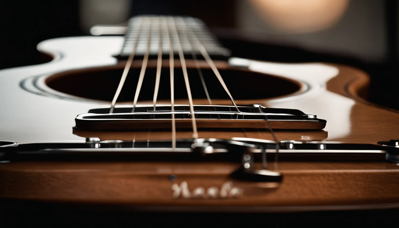 Photo of a neck of a guitar focusing on the fretboard