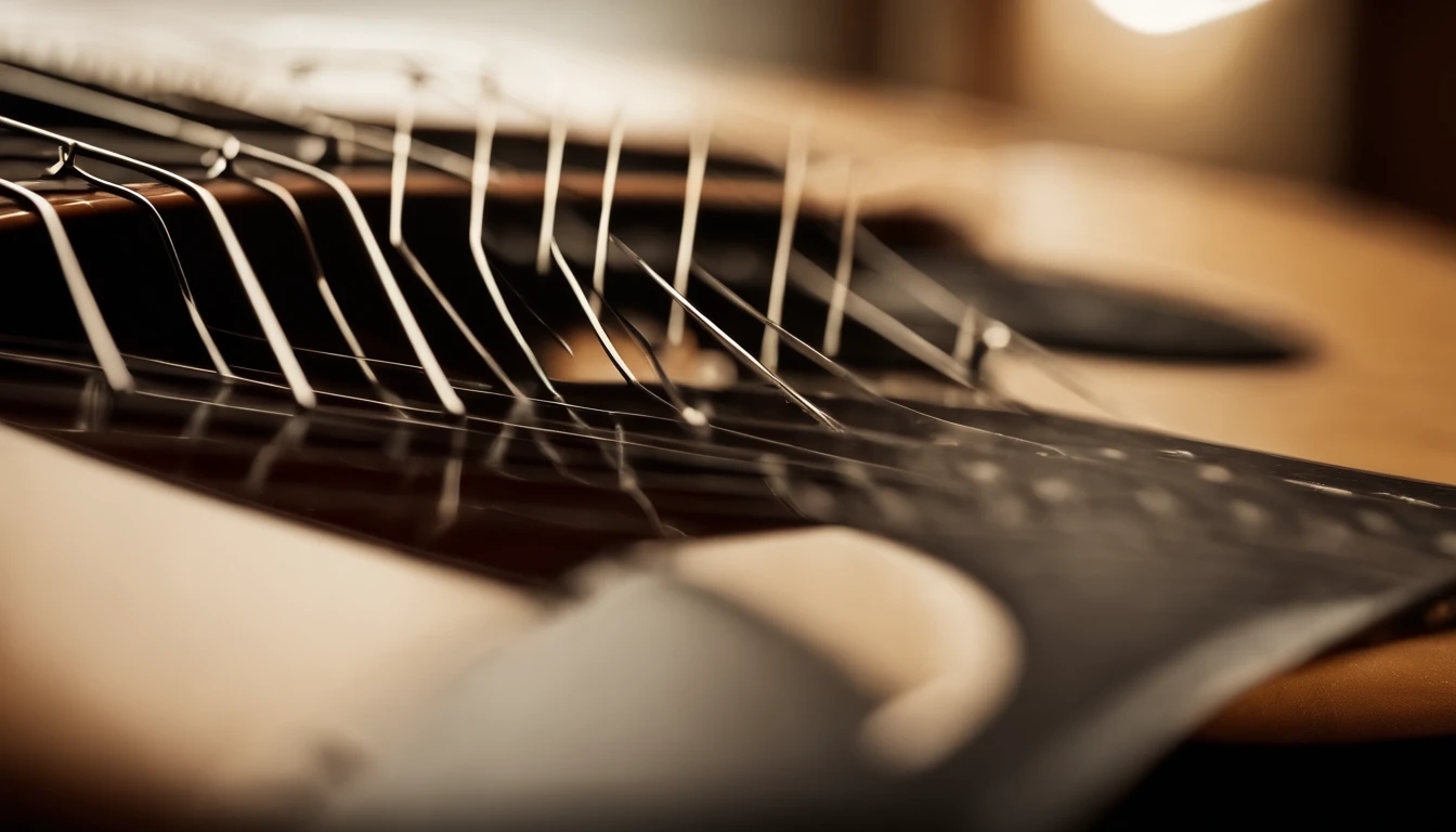 Photo of a neck of a guitar focusing on the fretboard