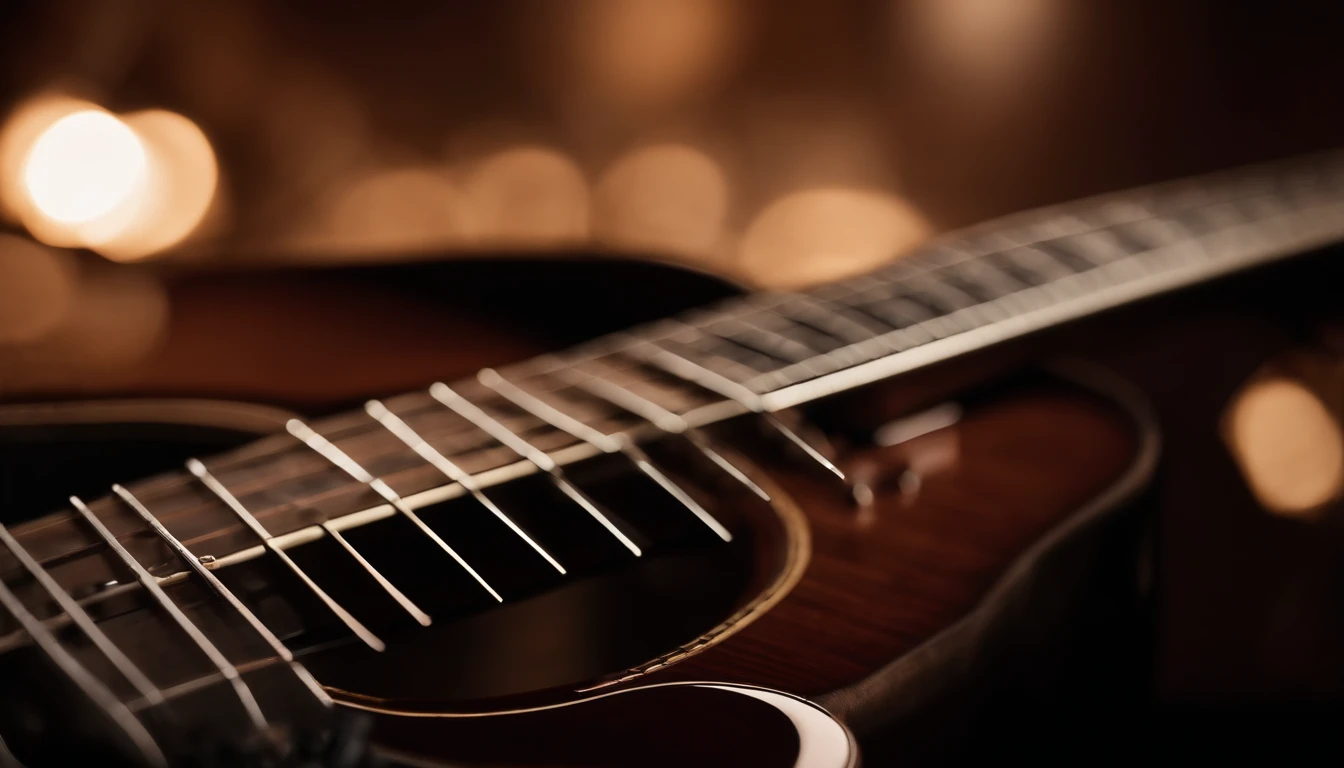 Photo of a neck of a guitar focusing on the fretboard