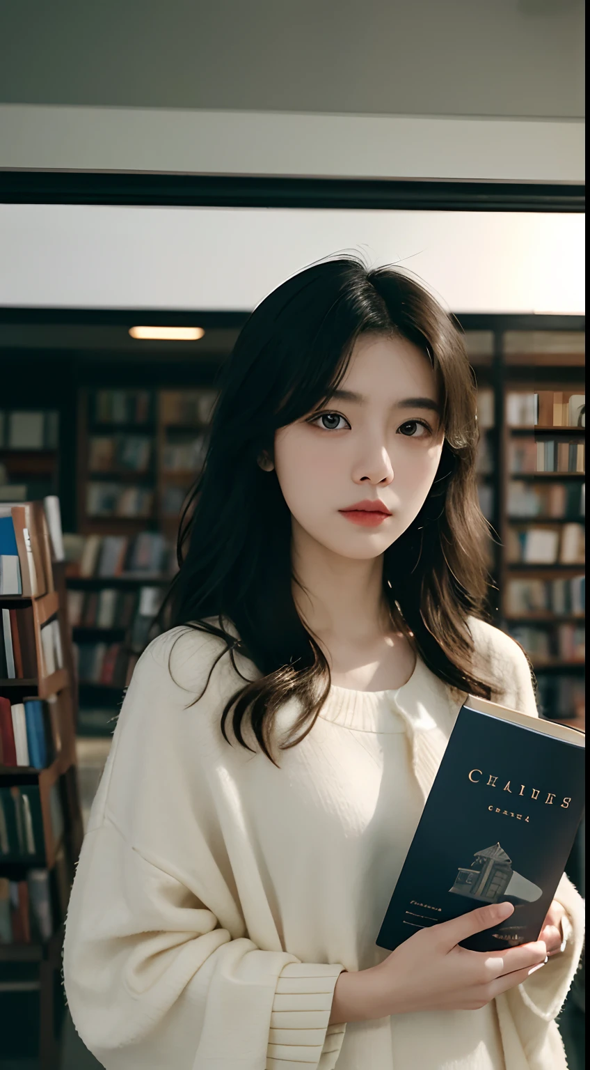 best qualtiy， tmasterpiece， 超高分辨率， （realisticlying：1.5）， RAW photogr， A color photograph of a Chinese woman, Star heroine herding sheep, editorial portrait, Cinematic realism,Soft portrait shot 8 K, Cinematic portrait, beautiful realistic photo, Inspired by Aranya, bookshops，holding a book in his hands，The title of the book should be recognizable，