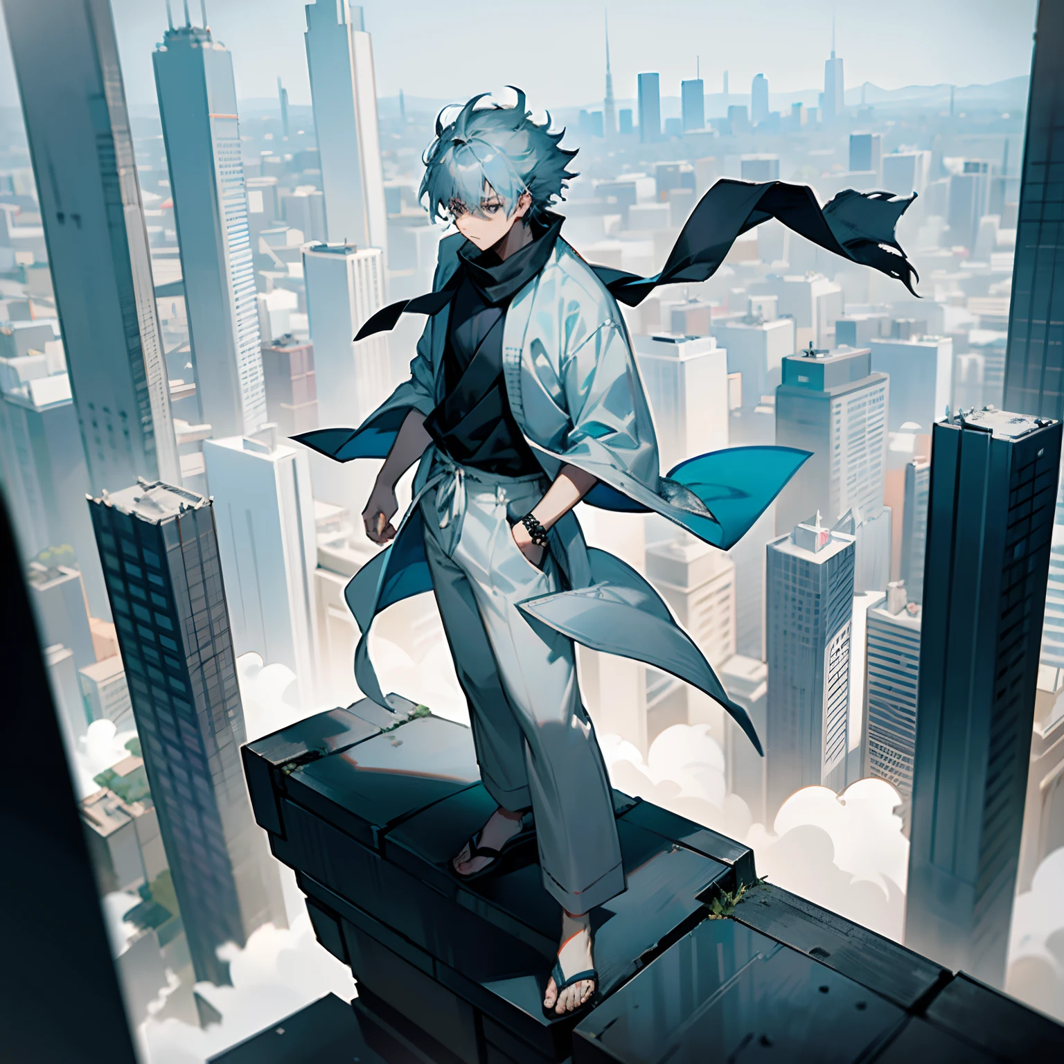 Greyish Blue hair , medium length hair , wolf cut hair, black shortsleeve shirt wearing white haori Ontop ,layered clothing, Jujutsu Kaisen , Black eyes , city setting, standing, 1male , spiky hair , messy hair , white clothing , lean build , loose fitting white pants , black scarf around neck , 1male