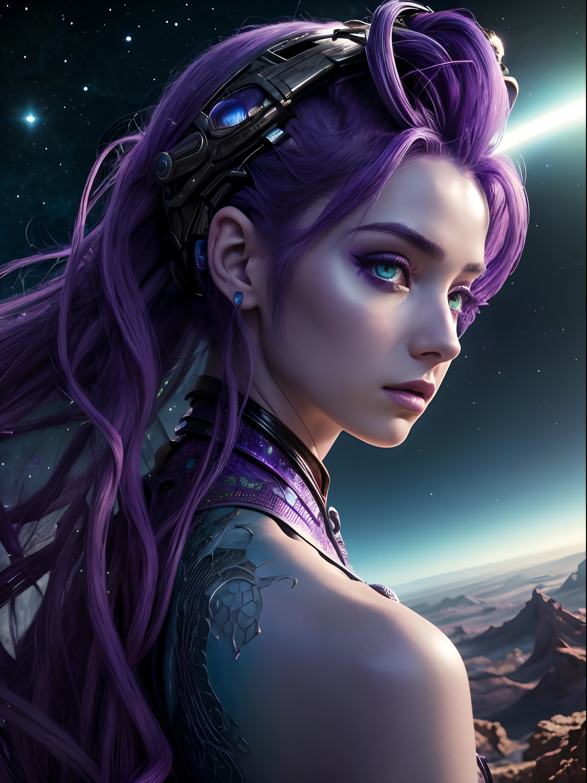 Masterpiece, RAW photo, hyper photorealistic, Beautiful alien girl with a lot of purple hair, on a far fantastic planet, cosmic landscape, cute sexy, highly detailed, sci-fi aesthetic, fantasy aura, unearthly vegetation, by rutkowski, hdr, intricate details, hyperdetailed, cinematic, depth of field, rim light