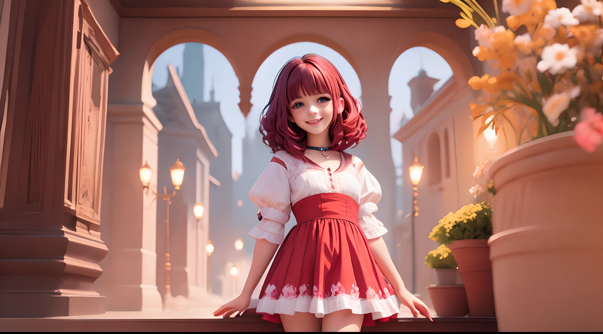 Joven delgada con vestido ajustado rojo cabello oscuro corto con los brazos arriba mostrando las axilas sonriendo
