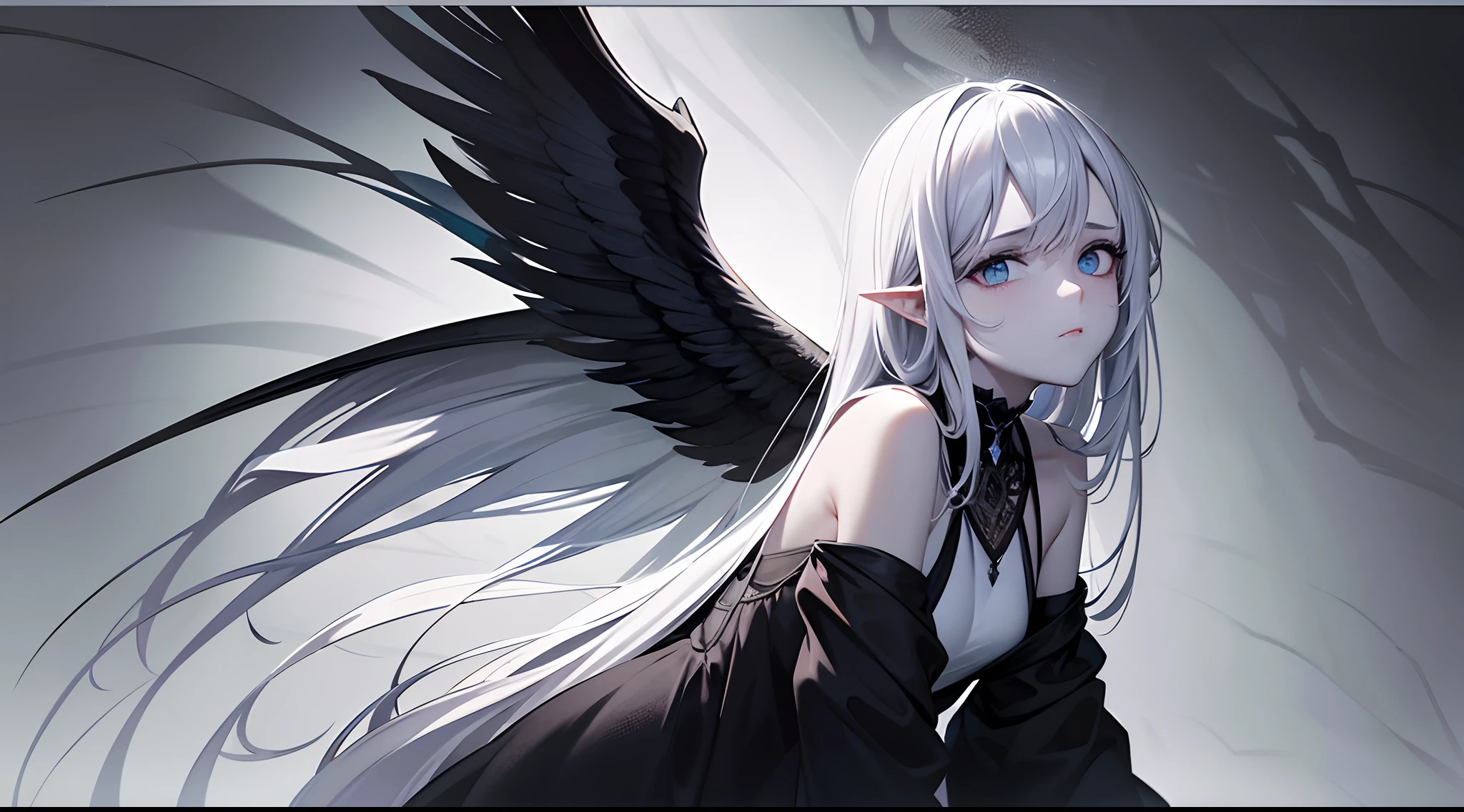 tmasterpiece，Portrait of an angel in prayer，Evil countenance，Three eyes，eye closeds，Black and white wings，A frame eroded by darkness and light,The background is random