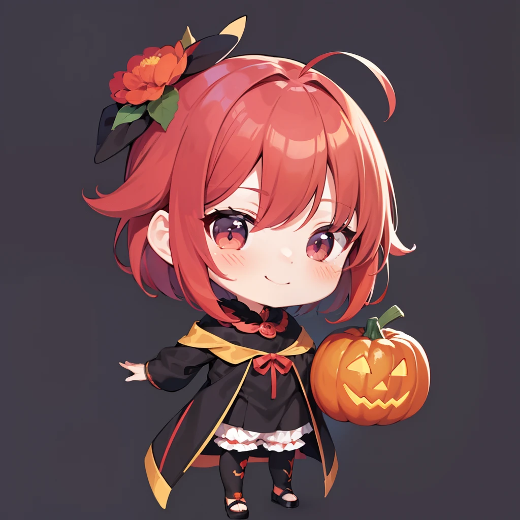 超A high resolution, nffsw, Best aesthetic, red hairs、A smile、Best Quality, masutepiece, Flat Avatar, Perfect litthing、(colourfull、vivd colour: 1.4)、Ahoge、full body Esbian, Peony hair ornament,　Shorthair、　is shy, A smile, 、Ahoge, Chibi, simple background, 耳环, jewely, side locks, large oval eyes,Flat Avatar, simple background,  Halloween Cosplay、Halloween Cosplay、Pumpkin Cosplay、Pumpkin Cosplay