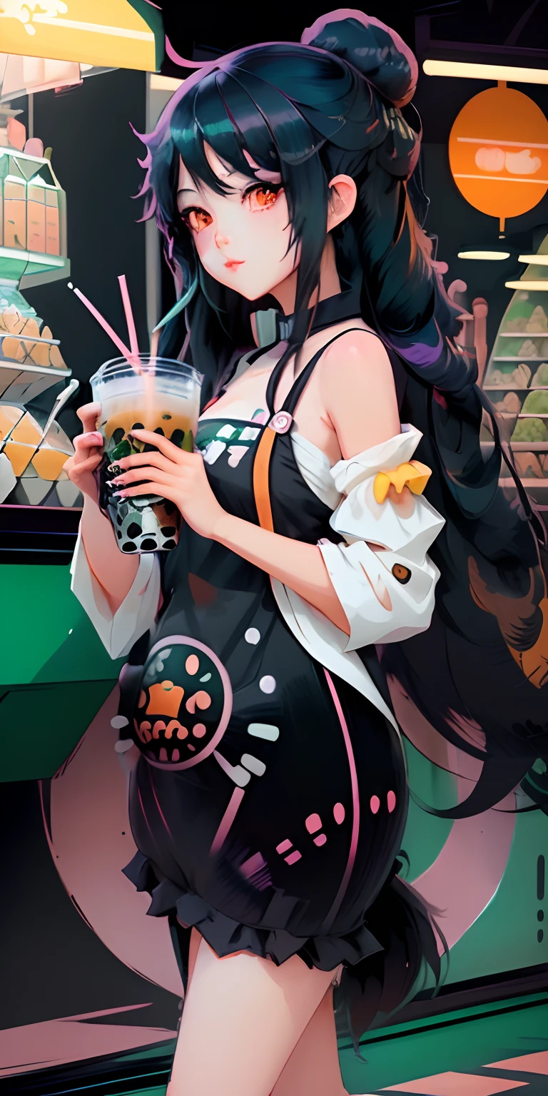 1 cute girl in anime style with long black hair, having a boba drink, fashionable, colorful