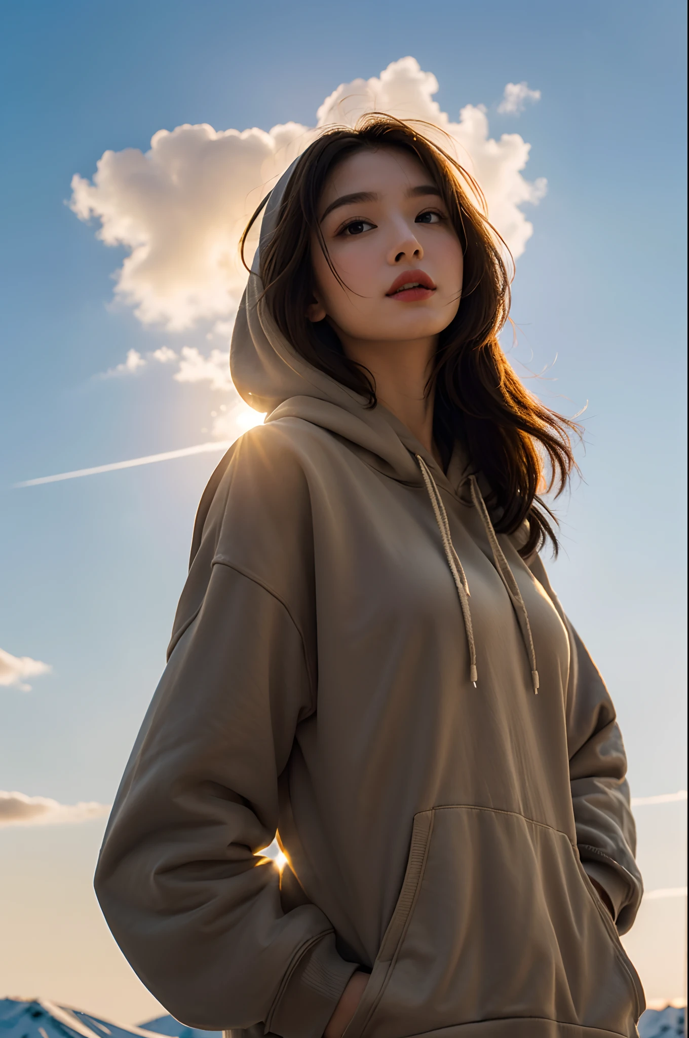 ((top-quality、8K、​masterpiece:1.3))、Poster on wall that says ‘Thanks 5000 followers 💋’、 1girl in、Beautiful woman standing on snowy mountain:1.3、(brown long-haired、Colossal tits:1.4)、(Big Silhouette M51 Field Hoodie:1.5)、Super delicate face、Delicat eyes、二重まぶた、Close-up of upper body from below、Sunset、