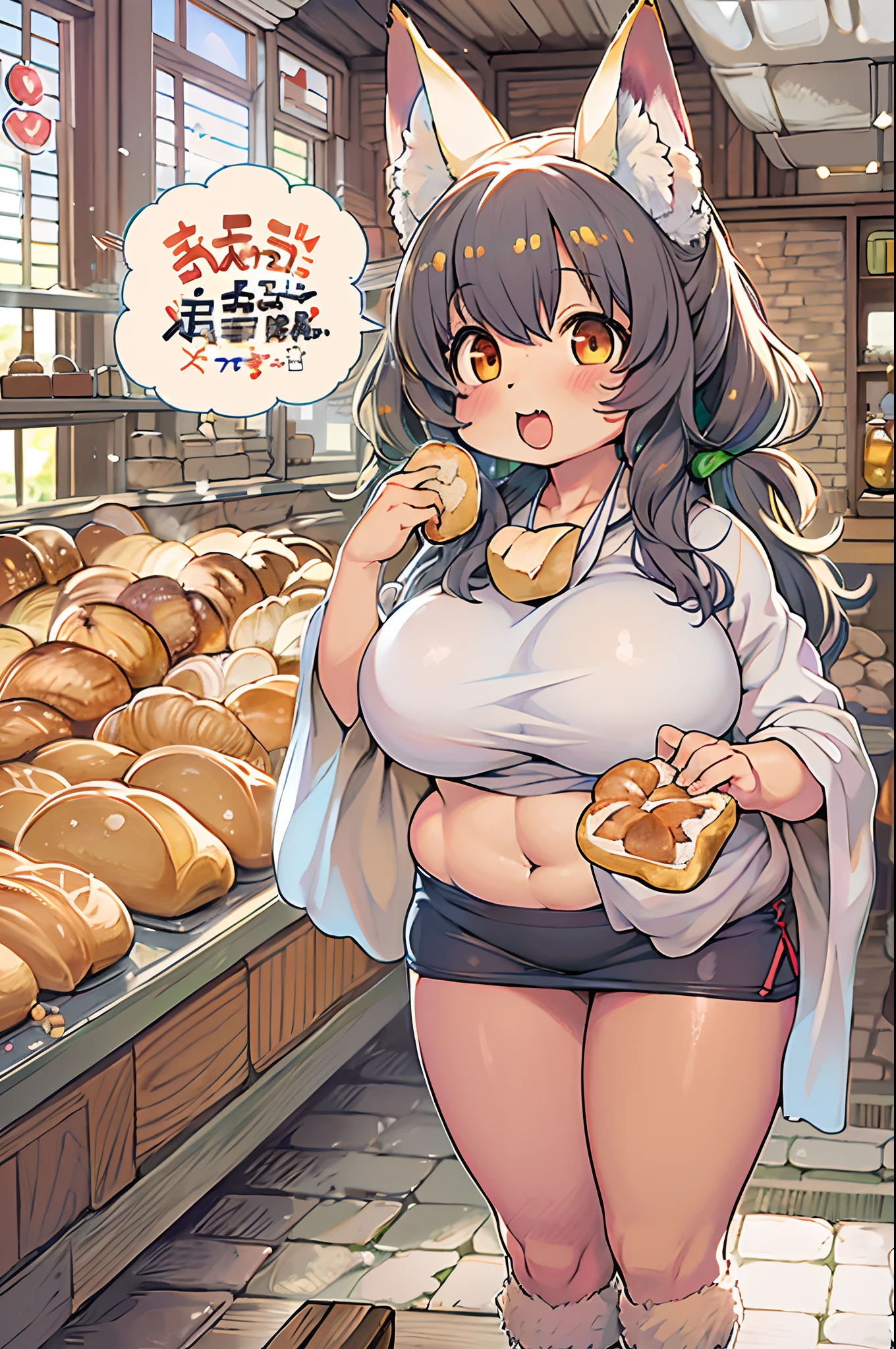 Fox Woman、body covered with fur、huge-breasted、kawaii、bbw、thick thight、big butts、Ultramammy,Chibi,Nanachi、TThe shirt、In the bakery、Bread lined