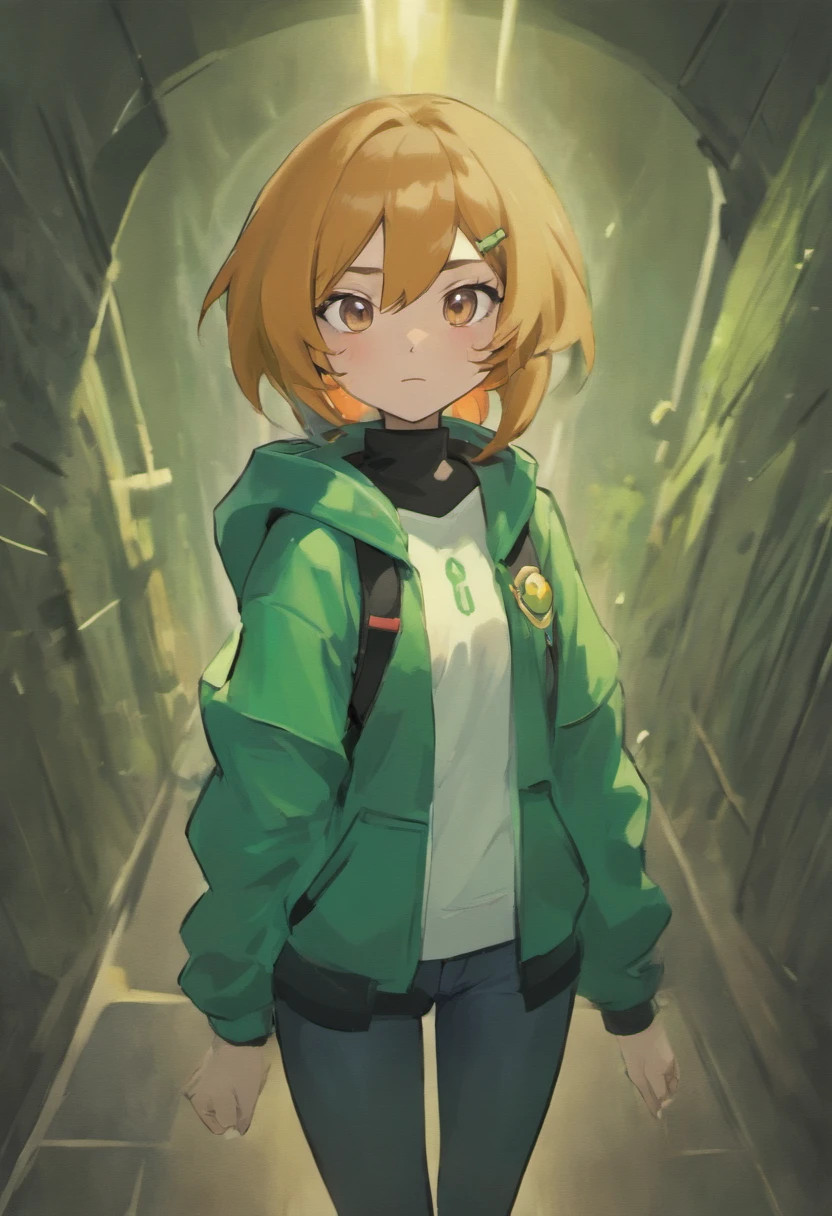 Elara is a young Pokémon Trainer with a determined spirit. She has long, flowing auburn hair that cascades down her back, often tied up in a high ponytail when she's in the midst of a battle. Her striking emerald-green eyes shimmer with curiosity and intelligence. Elara's skin is fair, and she has a scattering of freckles across her nose. She stands at an average height, her posture exuding confidence. Elara typically wears a black, form-fitting jacket with a hood that she often pulls up during her outdoor adventures. Beneath the jacket, she sports a fitted, dark green T-shirt. Her favorite blue jeans are comfortable for her travels, and she completes her look with sturdy brown hiking boots. Elara carries a small satchel, perfect for holding Poké Balls, potions, and other essential items for her Pokémon journey. Her most distinctive feature is the pendant she always wears around her neck—a silver pendant in the shape of an Absol, a testament to her unwavering bond with her mysterious and powerful Pokémon partner.