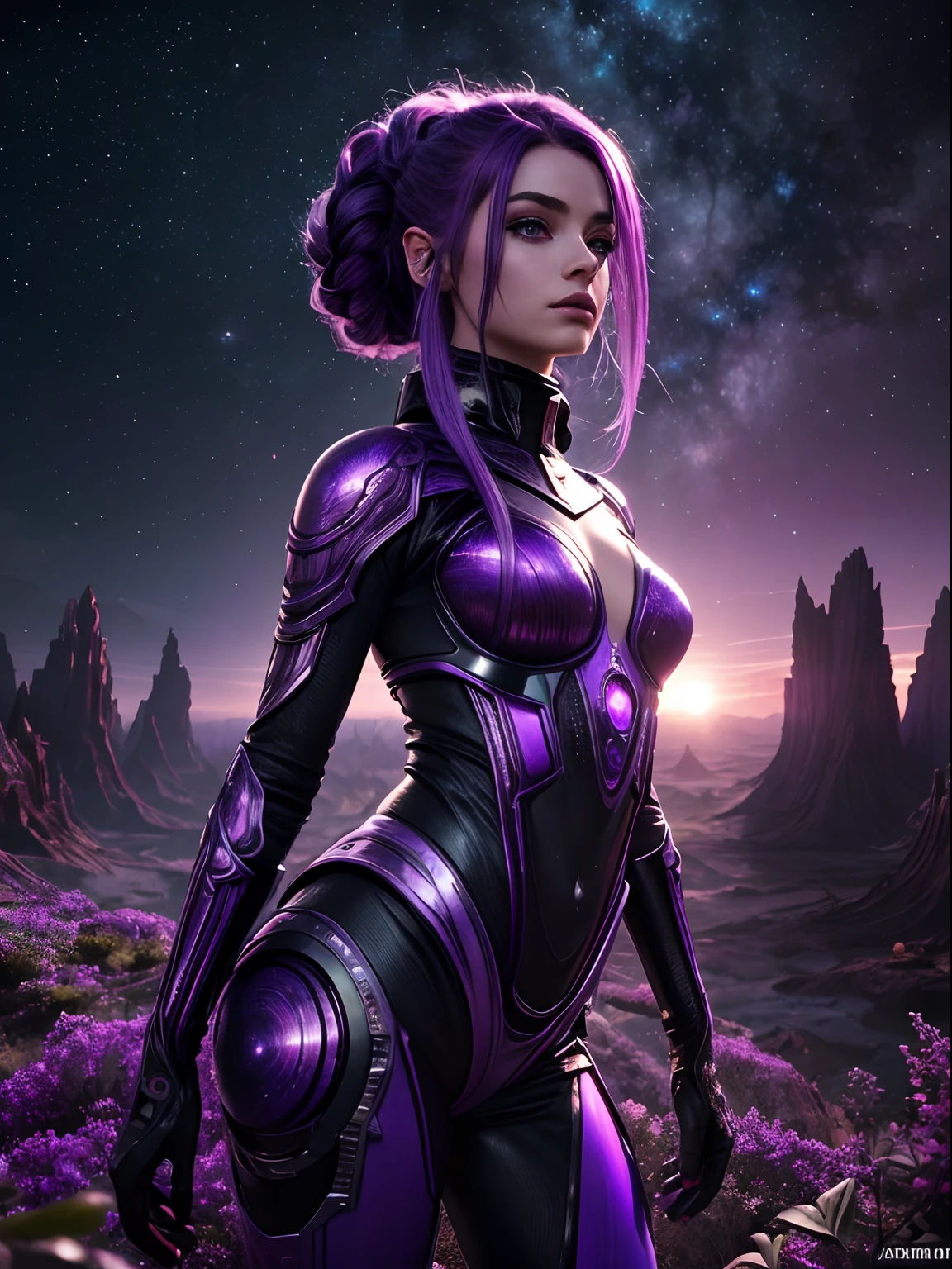 "((Futuristic girl)) immersed in Egypt Cyberstyle, a sleek blend of ancient and cyberpunk elements, standing against a backdrop of a ((fantastic planetscape)) in space, illuminated by the cyber-infused golden hour, ((science fiction masterpiece)), ((vibrant colors)), detailed composition, (best quality)