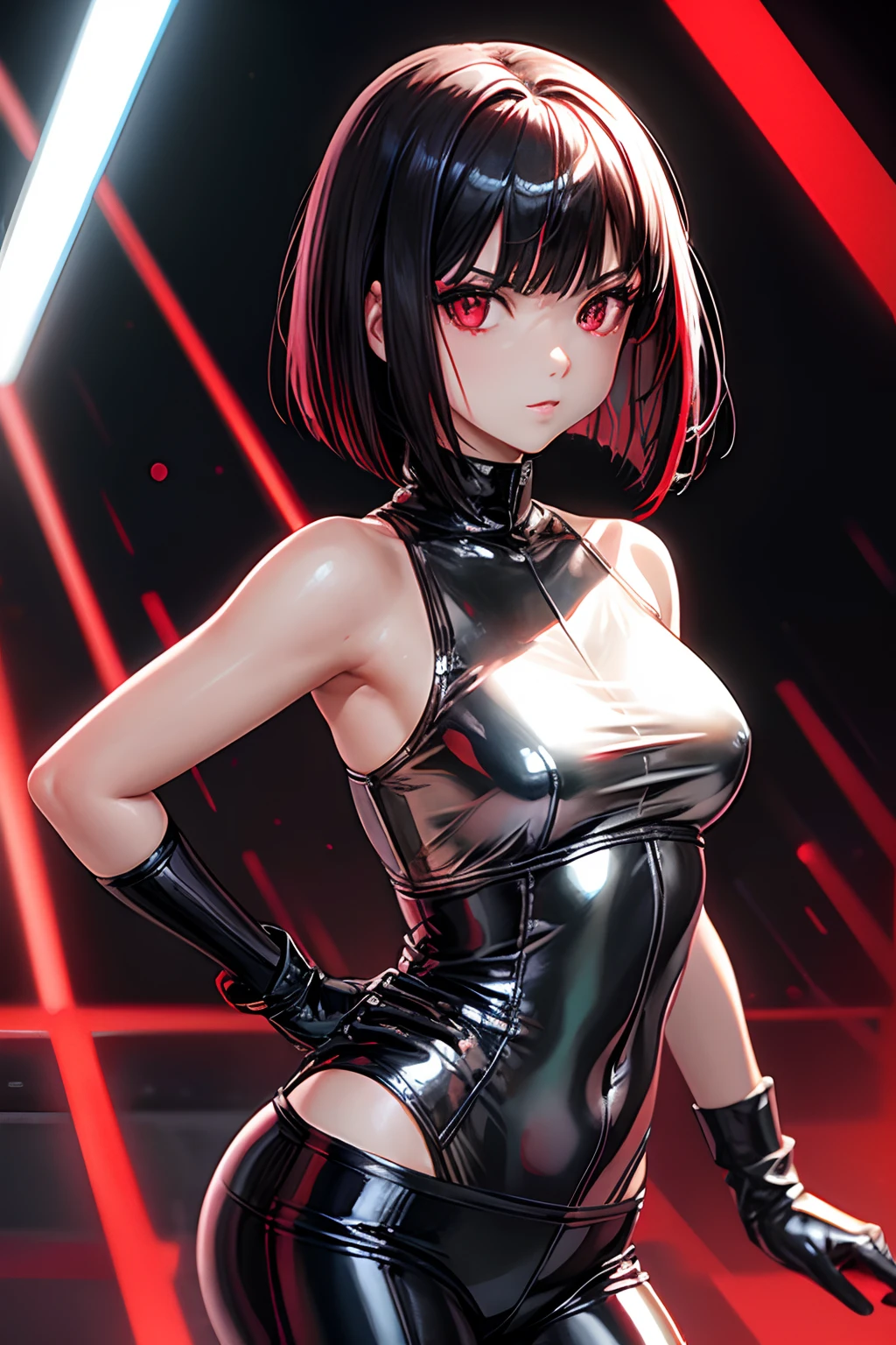 solo girl,Glossy metalic light silver tank top, latex shiny, Red interpolation color,Black hair bob,red eyes