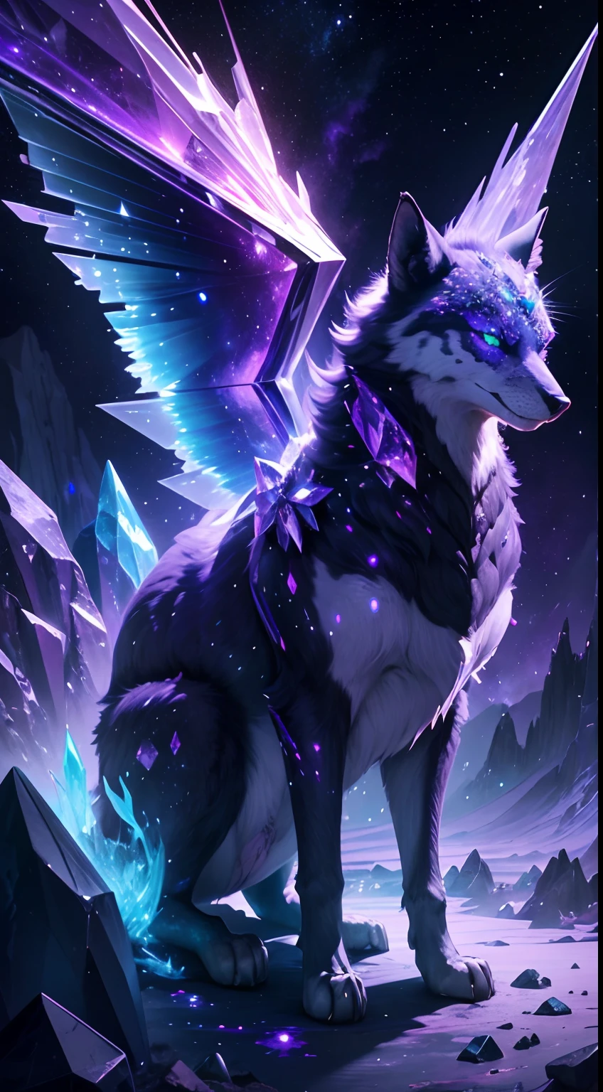 masterpiece, a crystal wolf on a cosmic landscape, (the animal has a crystal wings), magical glow, fantasy, crazy, surreal, spectral, radioactive, comcept art, night, starry sky, milkway, purple, ciano glow, epic, breath taking, mountain, crystals, cool, 4k, traced lights, Northern Lights, aurora boreal, magical atmosphere, liquid, the animal has four paws, the animal is made of crystal and his skin is hard rock, is a mystical creature, the animal posture transmite an elegance and power, he has glowing eyes, a magical atmosphere, fantasy, intricate, phcrystal