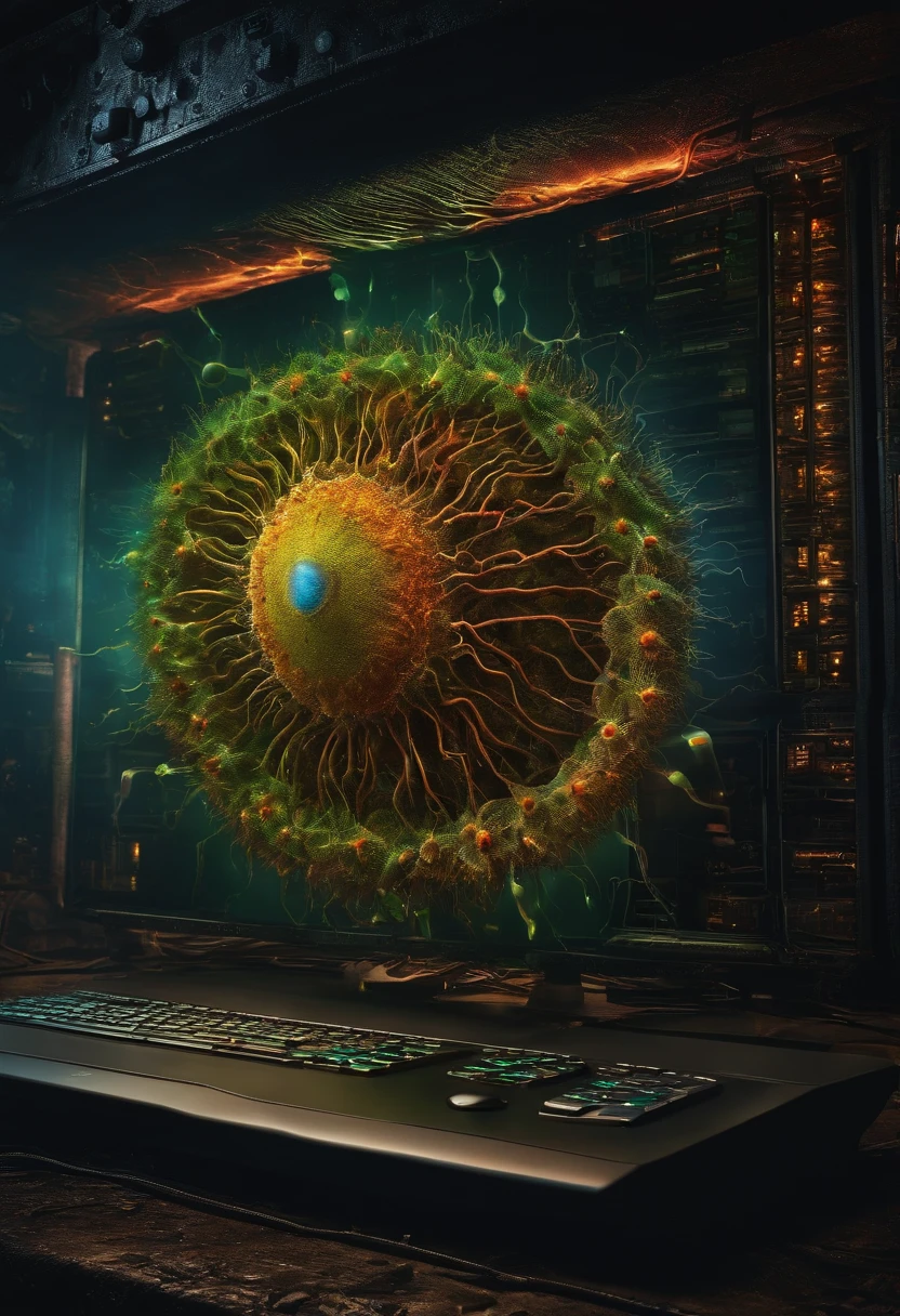 A virus parasite engulfs the entire computer system and makes its way out into the world