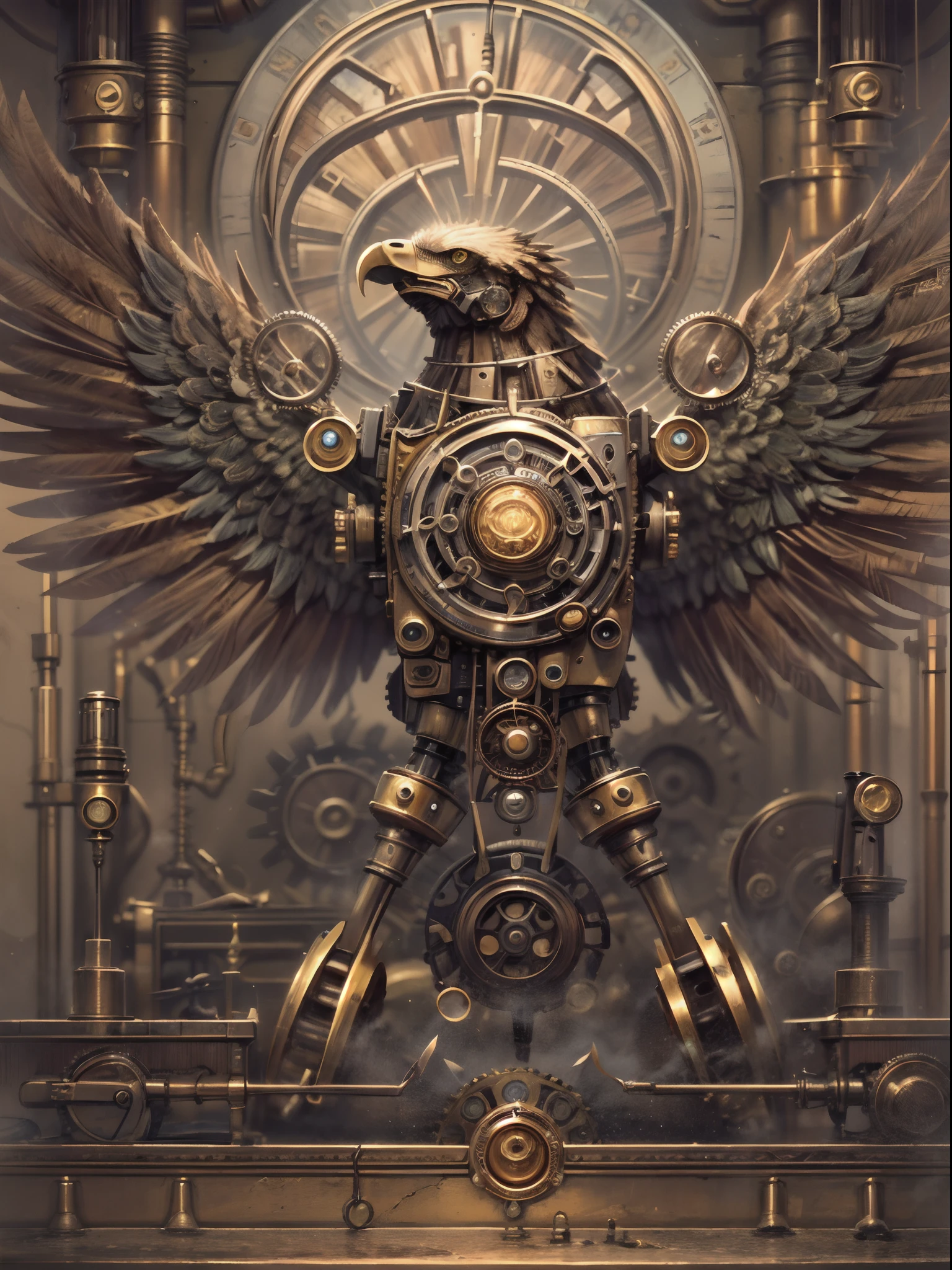 (best quality, ultra-detailed, realistic:1.37), steampunk mechanical eagle robot, a steampunk eagle robot ,bronze color, tube and pipe, gears and metal, rising steam, metallic wings and claws, detailed metallic feathers, intricate mechanisms, intricate steampunk design, intricate cogwheel system, vintage and futuristic fusion, vibrant and rich textures, atmospheric lighting, sizzling steam, captivating shades of bronze, awe-inspiring presence, mesmerizing attention to detail, dynamic and powerful pose, mystical aura, evoking a sense of adventure, masterful fusion of science and fantasy.