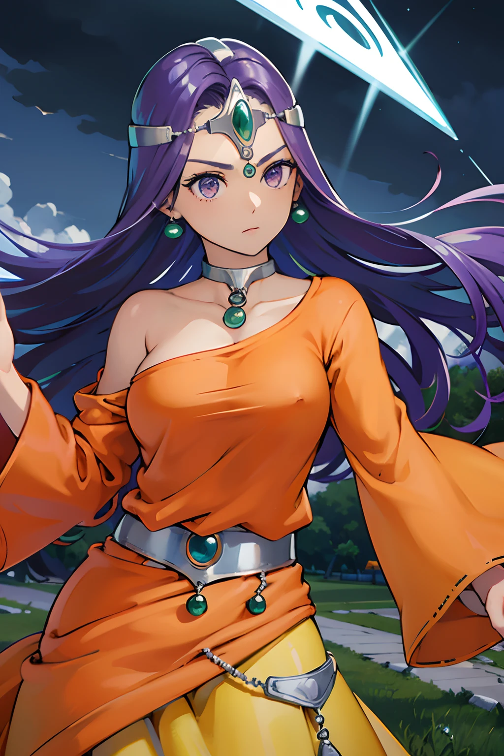 hight resolution、masterpiece、1girl in、DQ Minnea, circlet, earrings, Choker, Bracelet, Orange dress、Being in the Storm、gust of wind、Shoot a blade of light from your hand、Light Green Magic Circle、Big Magic Circle、Thick tornado on the background、Lots of light curved blades