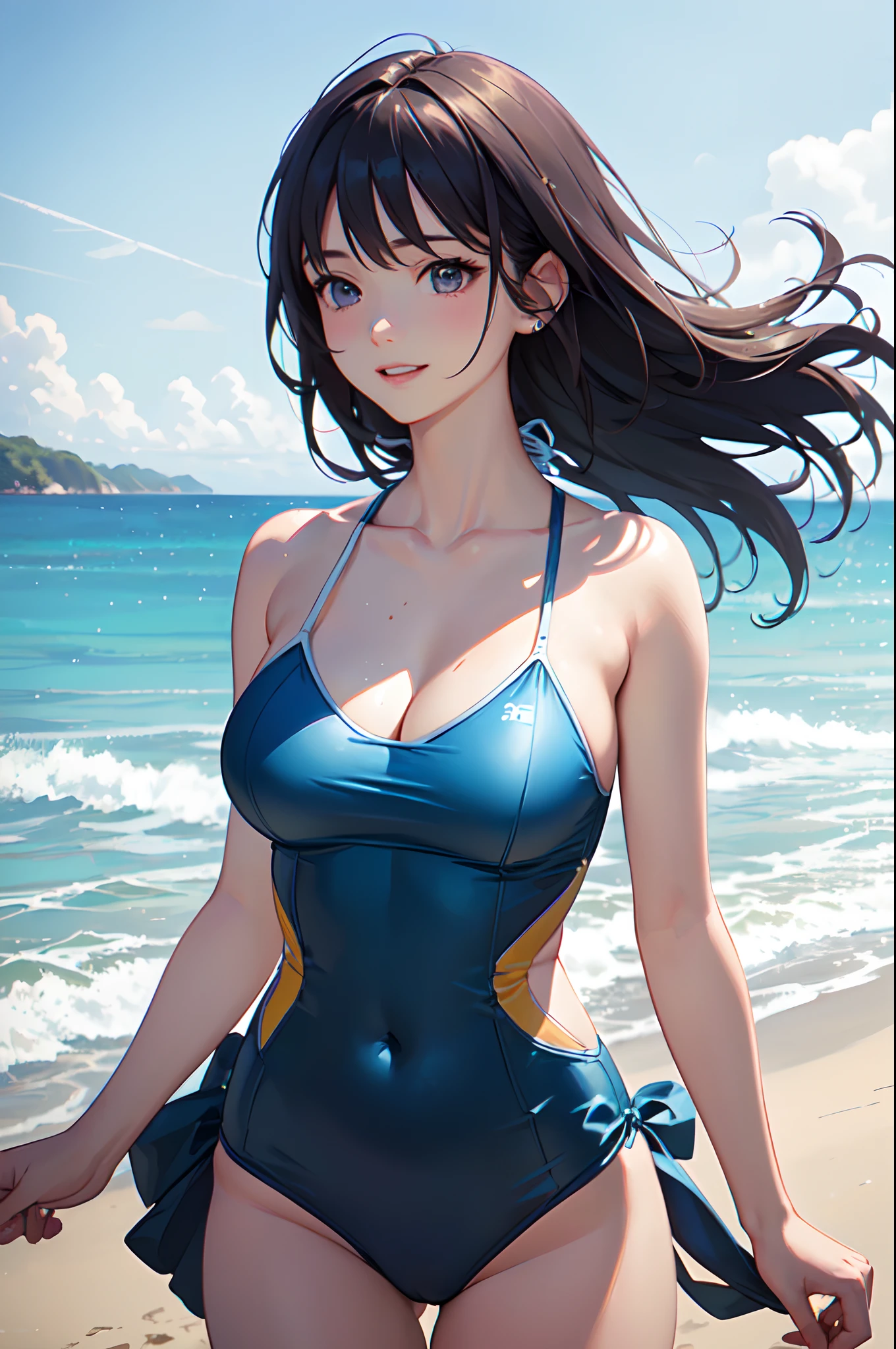 (cel anime:1.3)、(realistic illustration:1.3)、(masterpiece:1.3)、(top-quality:1.3)、ultra detailed、High resolution、(depth of fields)、(detailed eye)、(detailed facial features)、(Detailed fingers)、(detailed clothes features)、HDR、8K、skin tightening、(shinny skin)、(Slender girl)、landscapes、lovely、1woman、23years old、Japanese、((Cowboy Shot:1.3))、(Running on the beach:1.5)、(medium hair:1.3)、bangs、air blowing in wind、Looking away、cute little、happy laughing、(plunging swimwear:1.3)、sagging breasts、cleavage、Nogizaka46、Shine with colored light、Ethereal lighting、(Morning sea. Capture the tranquil beauty of a coastline as the sun rises, painting the sky and water with soft colors.)、