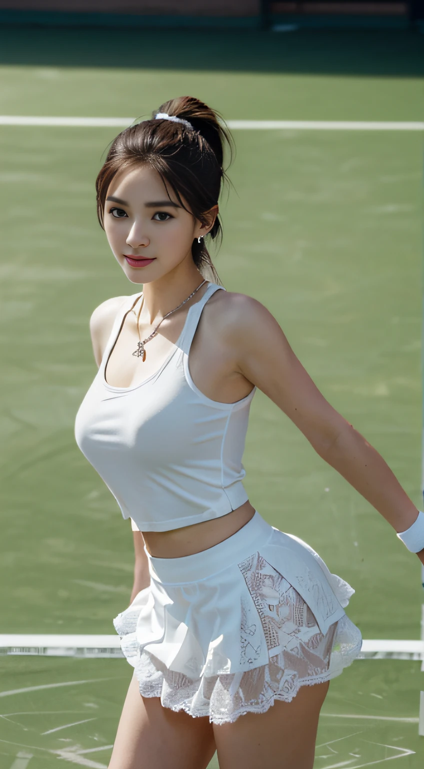 masterpiece, Highest quality, (Normal limbs), Too cute face, Shiny skin, slender, Big Breasts, garden, Are standing, Cheerleader beauty, Ultra Mini Skirt, From the thigh up