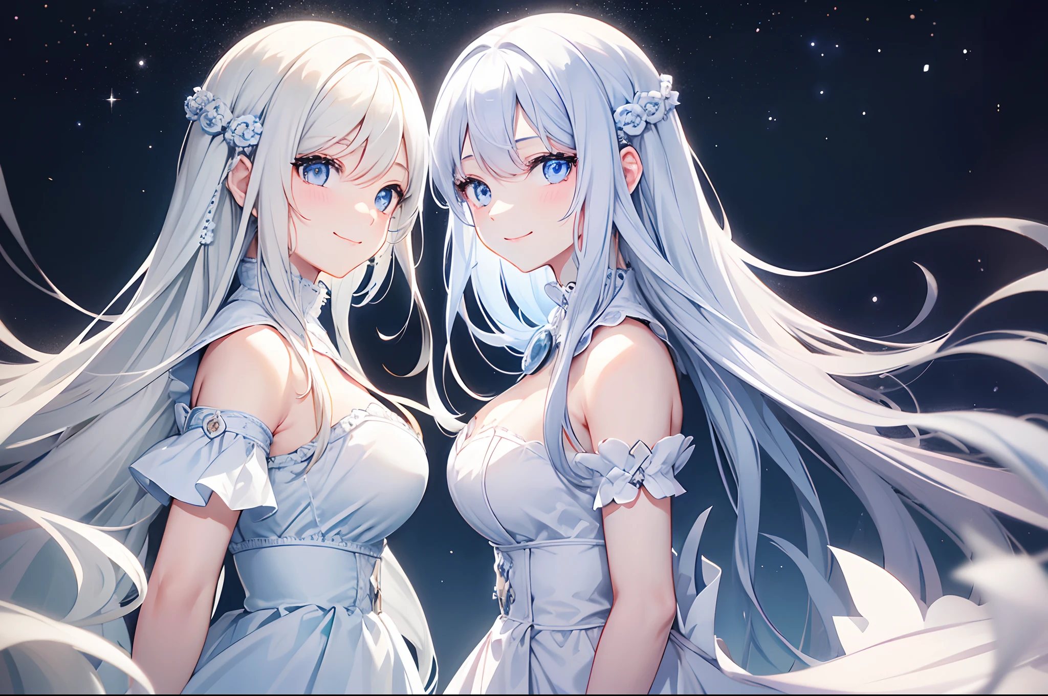 Twin sisters　Blonde twin tails　Light blue eyes　Red Eyes　Beauty　beautiful　Silver Angel　White Feather　Halo　Starry Sky