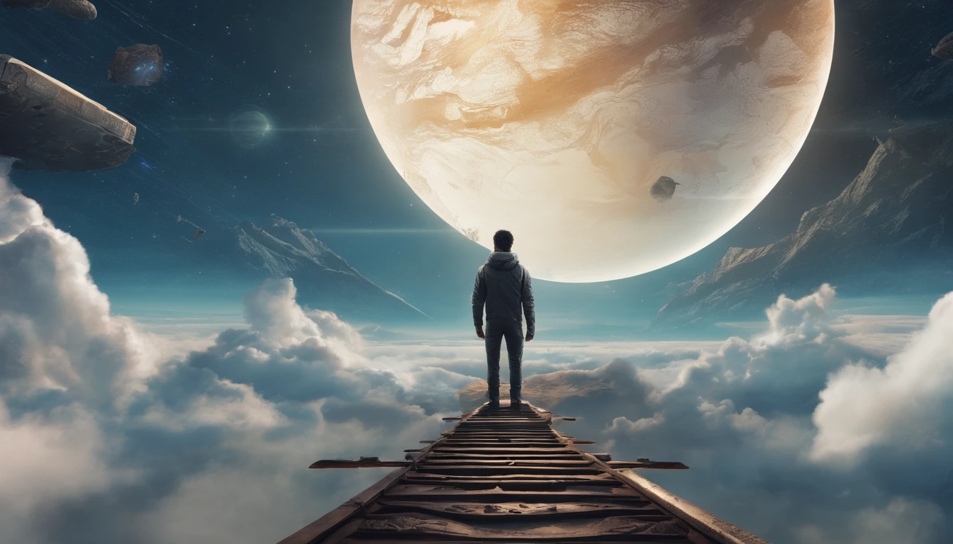 create a amazing realistic and cinematic poster, on the poster is a guy standing and looking in the distance, a sky made out of space