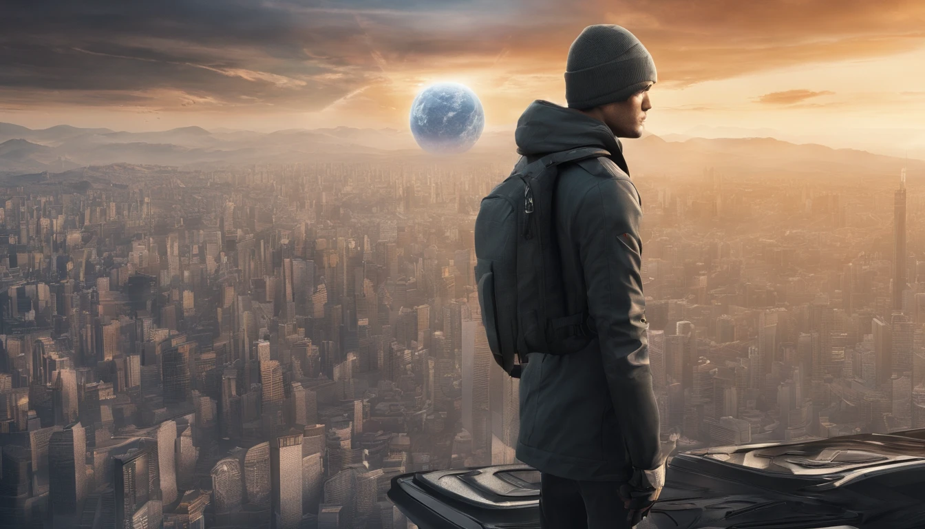 create a amazing realistic and cinematic poster, on the poster is a guy standing and looking in the distance, a sky made out of space