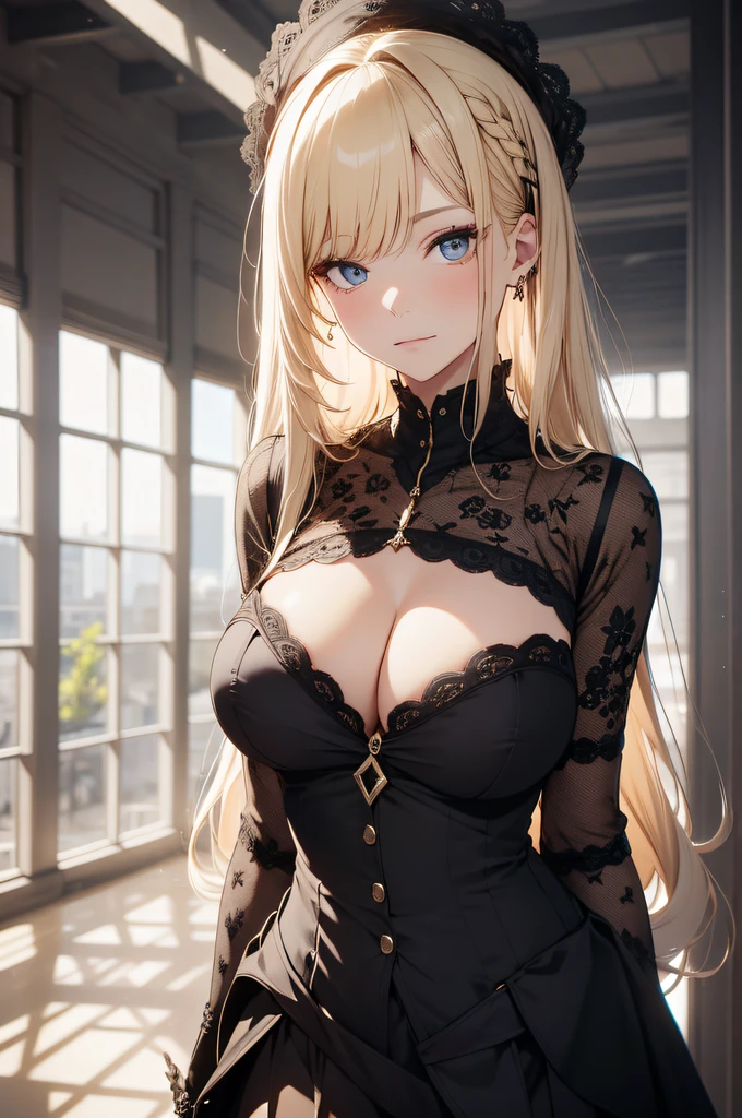 absurderes, 8K ,a highres, ultra-detailliert, beautiful, Meisterwerk, best quality, Jung, very pretty woman, Detailliertes weibliches Gesicht, sehr attraktiv, big boobs, langes, glattes Haar, blondes Haar, Kurz_lpskirt,