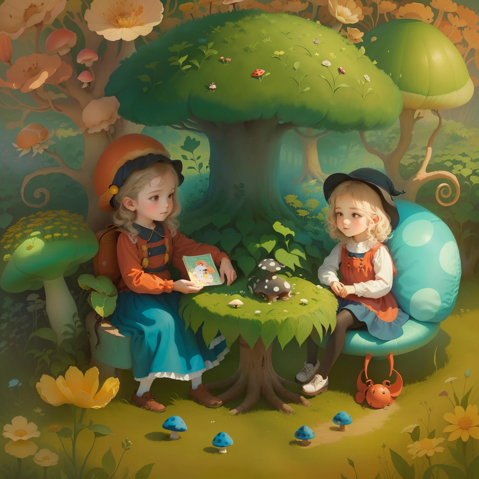 There are two children sitting on a mushroom with a ladybug, childrens illustration, illustration of children's book, illustration of children's books, illustration for children, illustration of children's books, ilustrado em estilo caprichoso, illustration of children's books, Children's illustration, Hobbits Joaninha, Illustration for children's book, illustration of children's book, cute storybook illustration, storybook illustration, full-colour illustration, fairytale illustration, corrigir pernas. Pernas perfeitas. No deformation of legs.