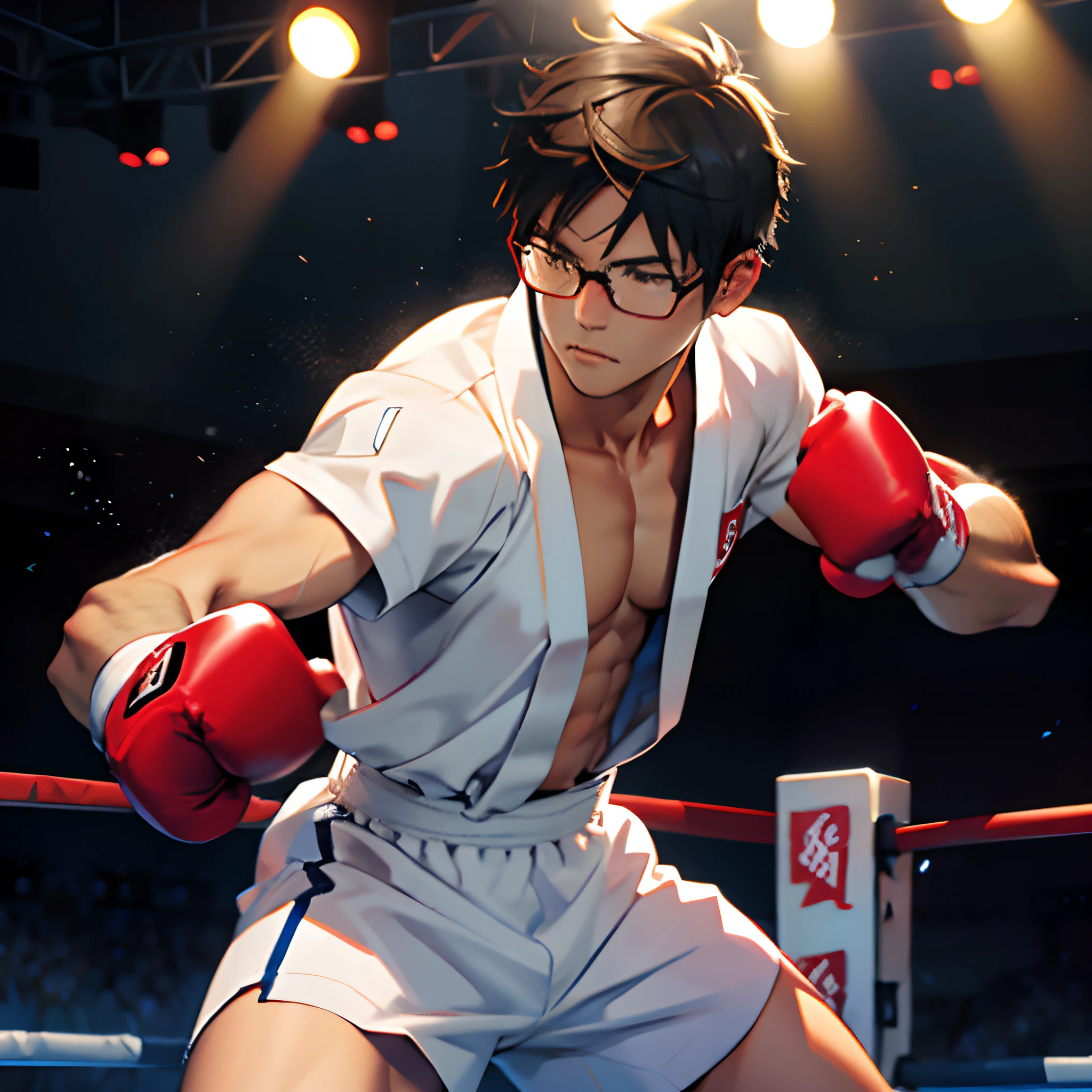 japanese male, boxing, wearing glasses, wearing white boxing gloves