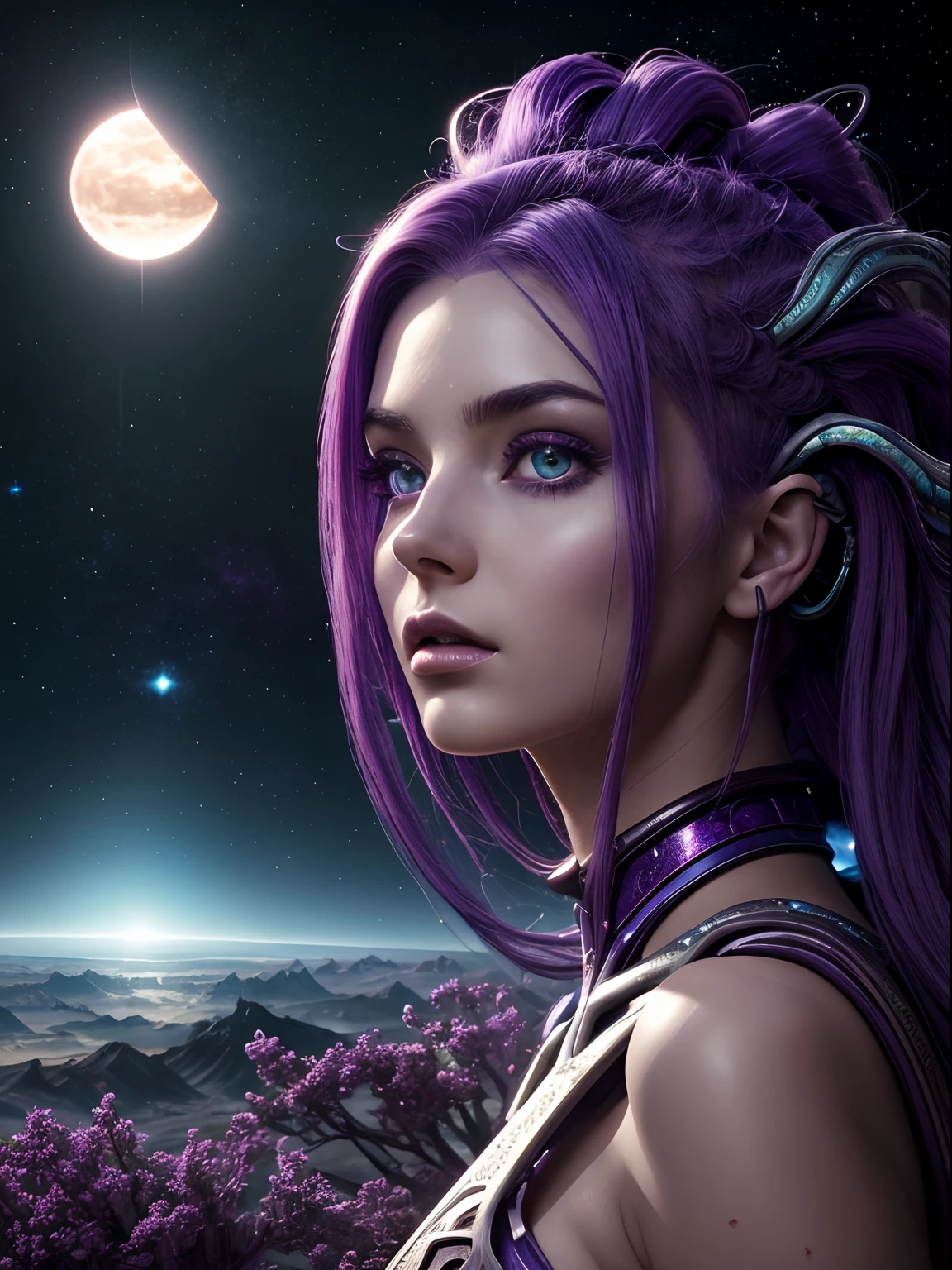 Masterpiece, RAW photo, hyper photorealistic, Beautiful alien girl with a lot of purple hair, on a far fantastic planet, cosmic landscape, cute sexy, highly detailed, sci-fi aesthetic, fantasy aura, unearthly vegetation, by rutkowski, hdr, intricate details, hyperdetailed, cinematic, depth of field, rim light