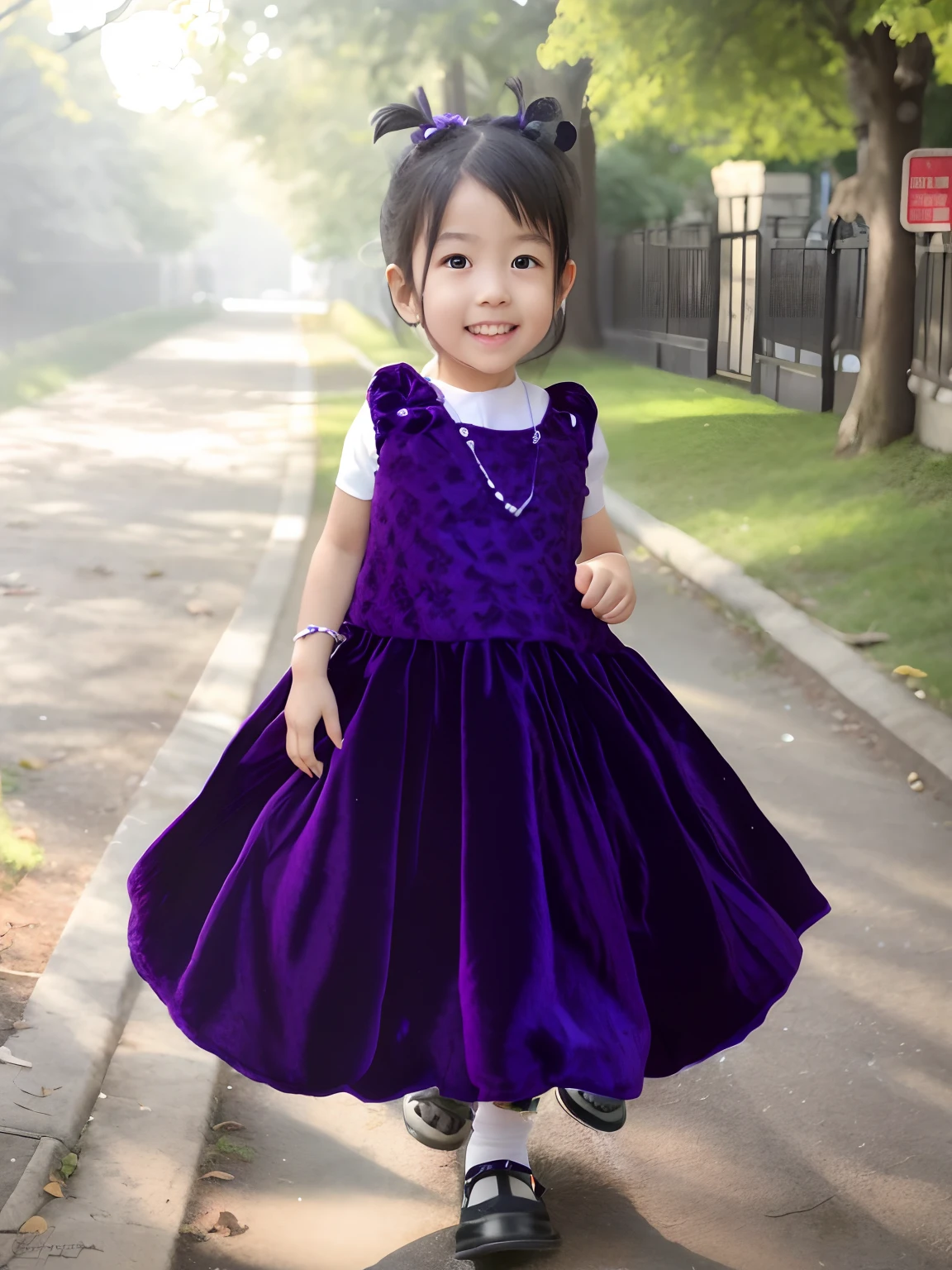 arafed girl in a purple dress standing on a park road, wearing a wonderful dress, velvet with lace gown, frock, with a beautifull smile, with lovely look, very beautiful girl, candid picture, joyful look, ombre velvet gown, wearing dress, full body photogenic shot, gown, candid photography, innocent smile, with beautiful colors, Chance background to a park, a little realistic face, ultra hd ckear, ultra realistic, high details, ultra sharpness, 8k