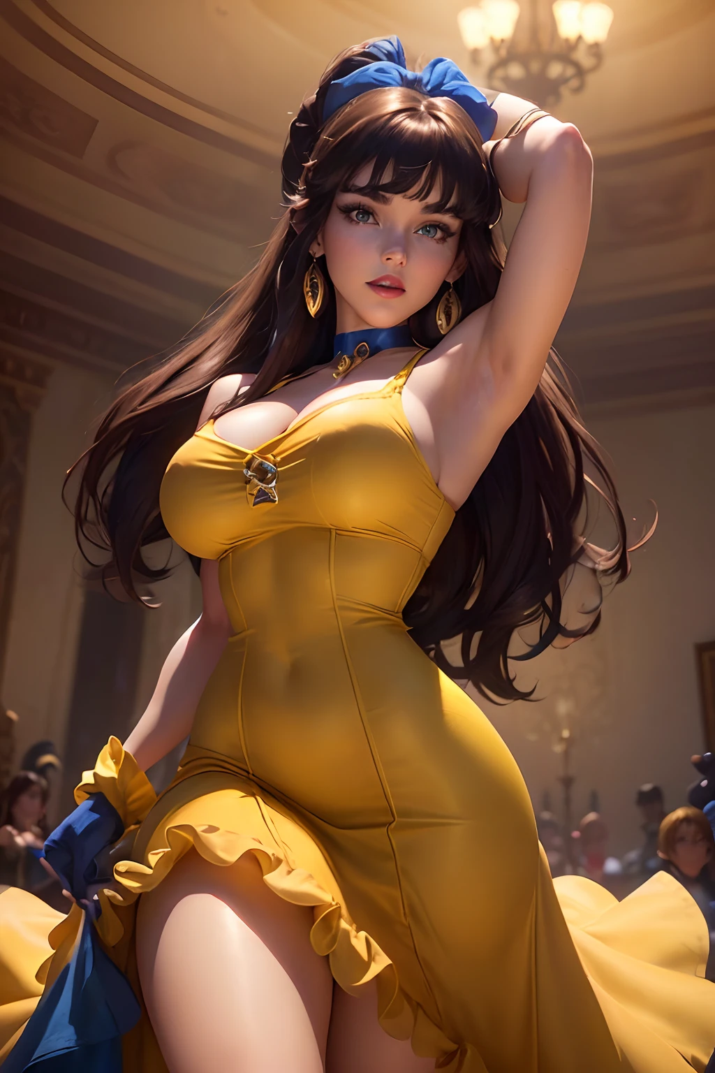 ((Belle from disney beauty and the beast animated movie))(big glowing blue eyes)(bright red lips)) ((long brown hair tied up with bangs))(dark eyeshadows make up)(((very huge breasts))) (perfect slim body)((wears sleeveless light yellow dress with ornaments)),(earrings, choker, head band, gloves)((posing sexy on castle ballroom)) (high definition, dynamic illumination and shadows)((masterpiece))(8k)(perfect face)(best quality) (perfect hands and eyes)