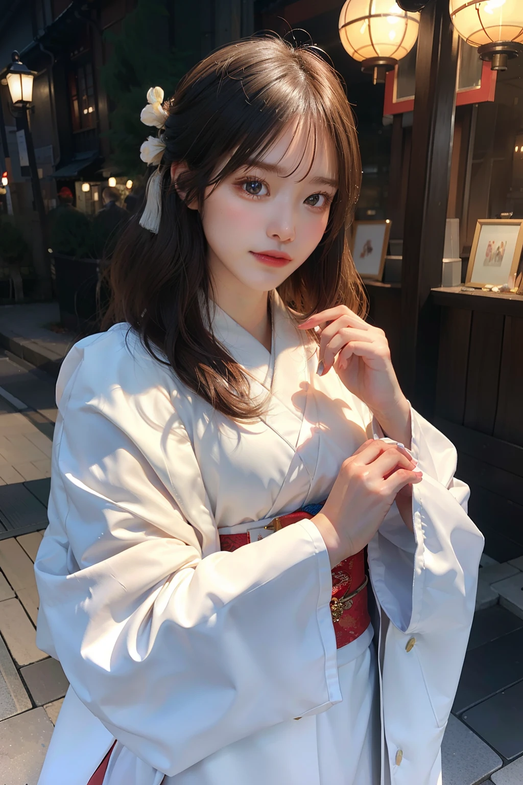 ((​masterpiece))), (((top-quality))), ((ultra-detailliert)), (A hyper-realistic), (High Definition CG Illustration), ciinematic light, Photorealsitic,Very beautiful young lady, light make-up, Intricate details EABA, White complex cloak, dynamicposes,quaint、japanes、Gorgeous kimono、baby-face、background is kyoto、Top image quality、