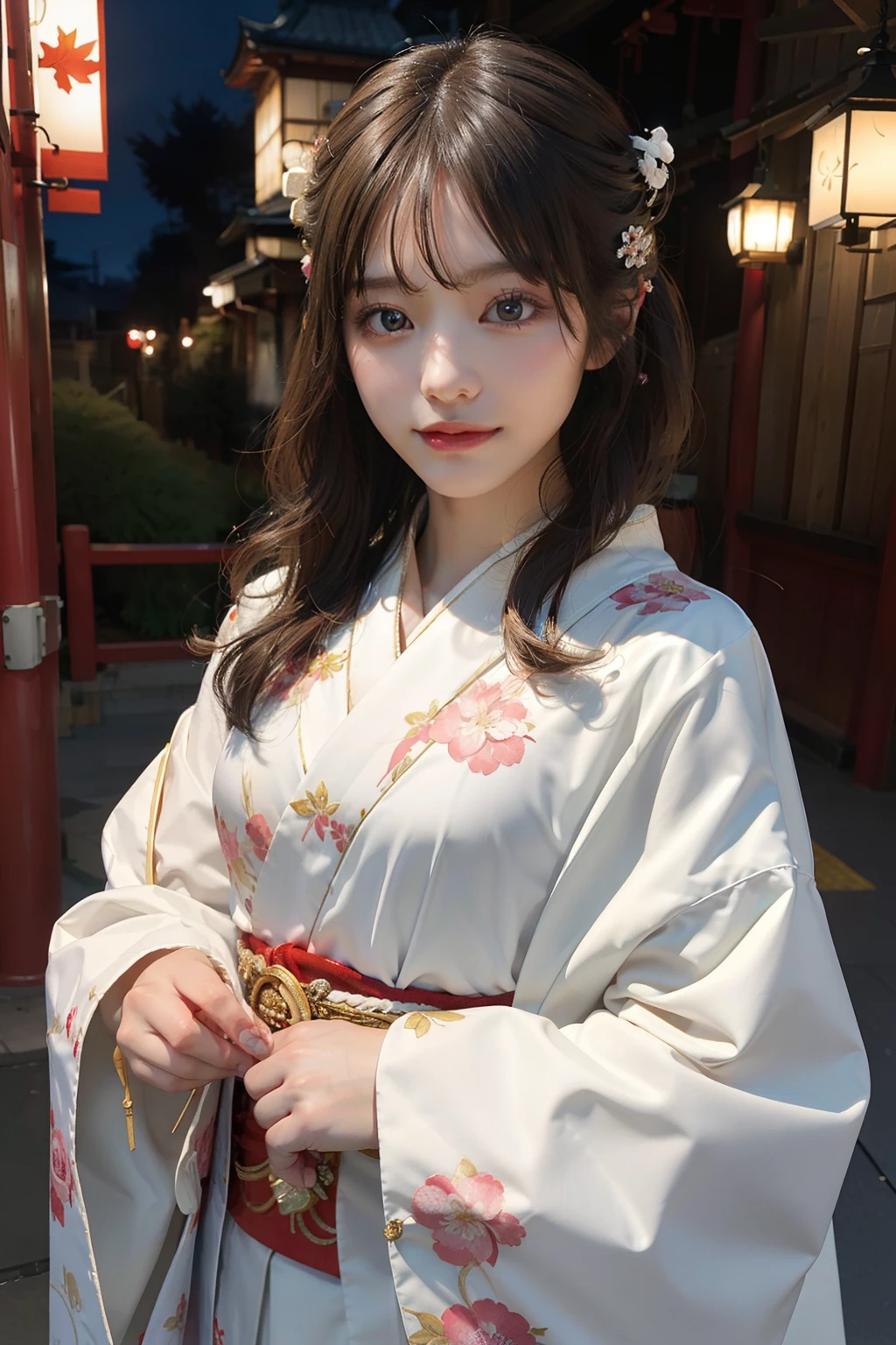 ((​masterpiece))), (((top-quality))), ((ultra-detailliert)), (A hyper-realistic), (High Definition CG Illustration), ciinematic light, Photorealsitic,Very beautiful young lady, light make-up, Intricate details EABA, White complex cloak, dynamicposes,quaint、japanes、Gorgeous kimono、baby-face、background is kyoto、Top image quality、