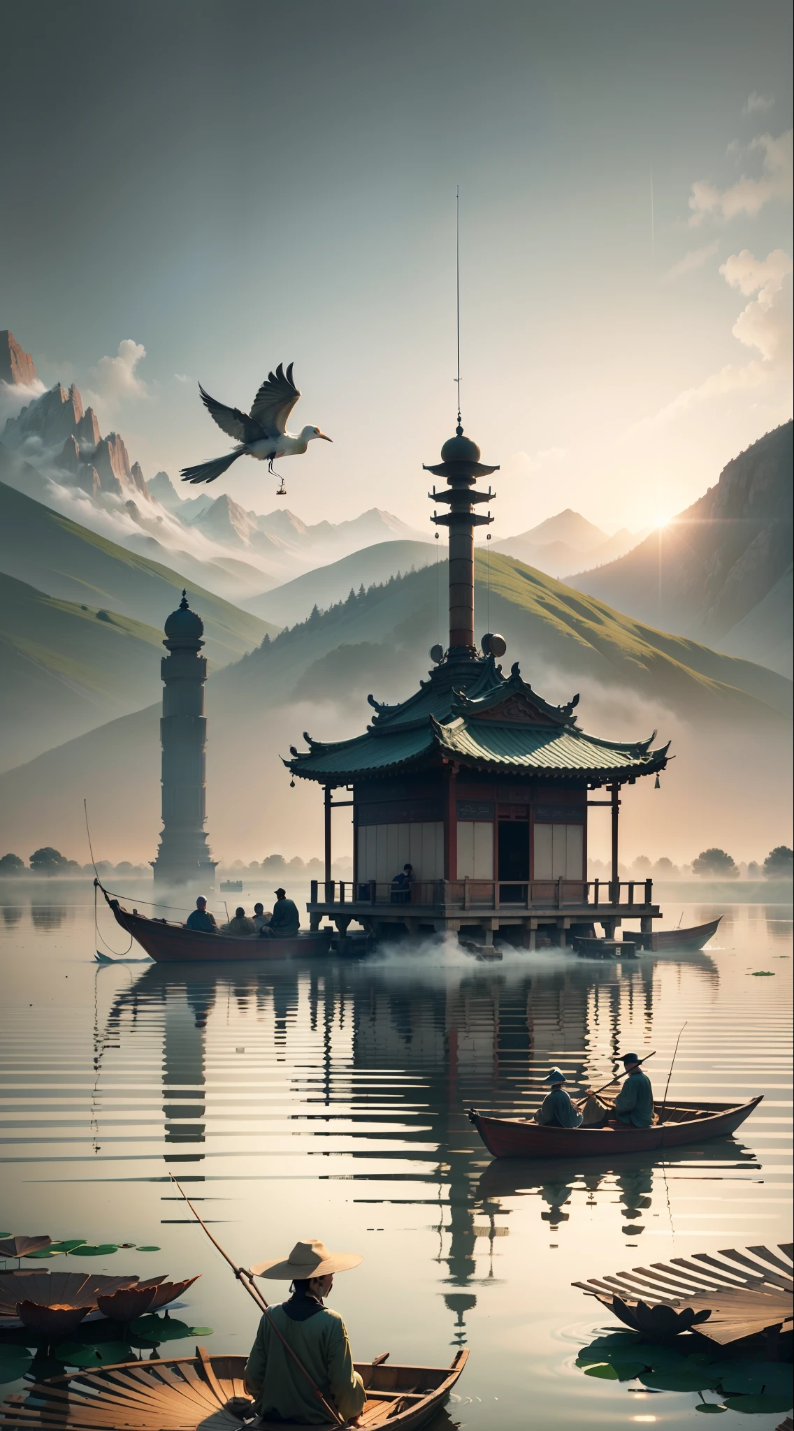 When the morning light first appeared, mist enveloped the quiet lotus pond. The water surface was like a mirror, reflecting the lotus leaves, pavilions and pavilions. There are lonely fishing boats floating on the lake, fishermen rowing boats, and the morning dew is shining. A crane flies away in the sky, Chinese ink painting, brush strokes - --auto --s2