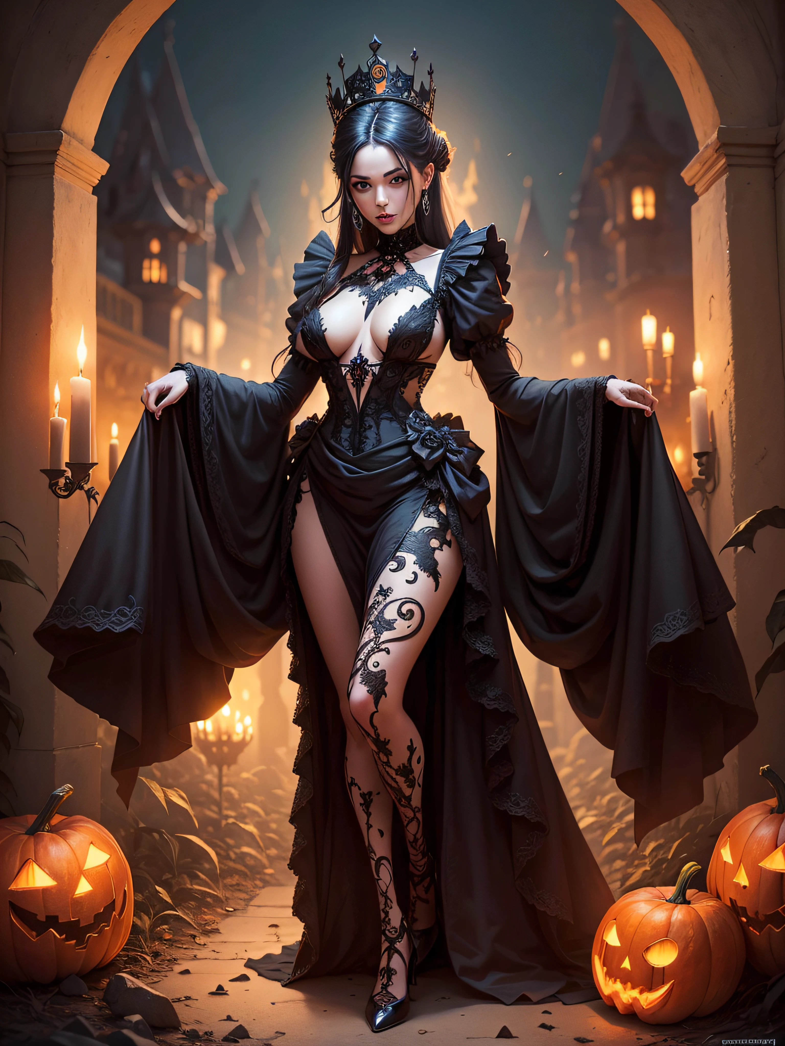 Landscape full body queen without clothes of the dead, Halloween palace in the valley, theme Halloween spectacular intricate detailed, surreal