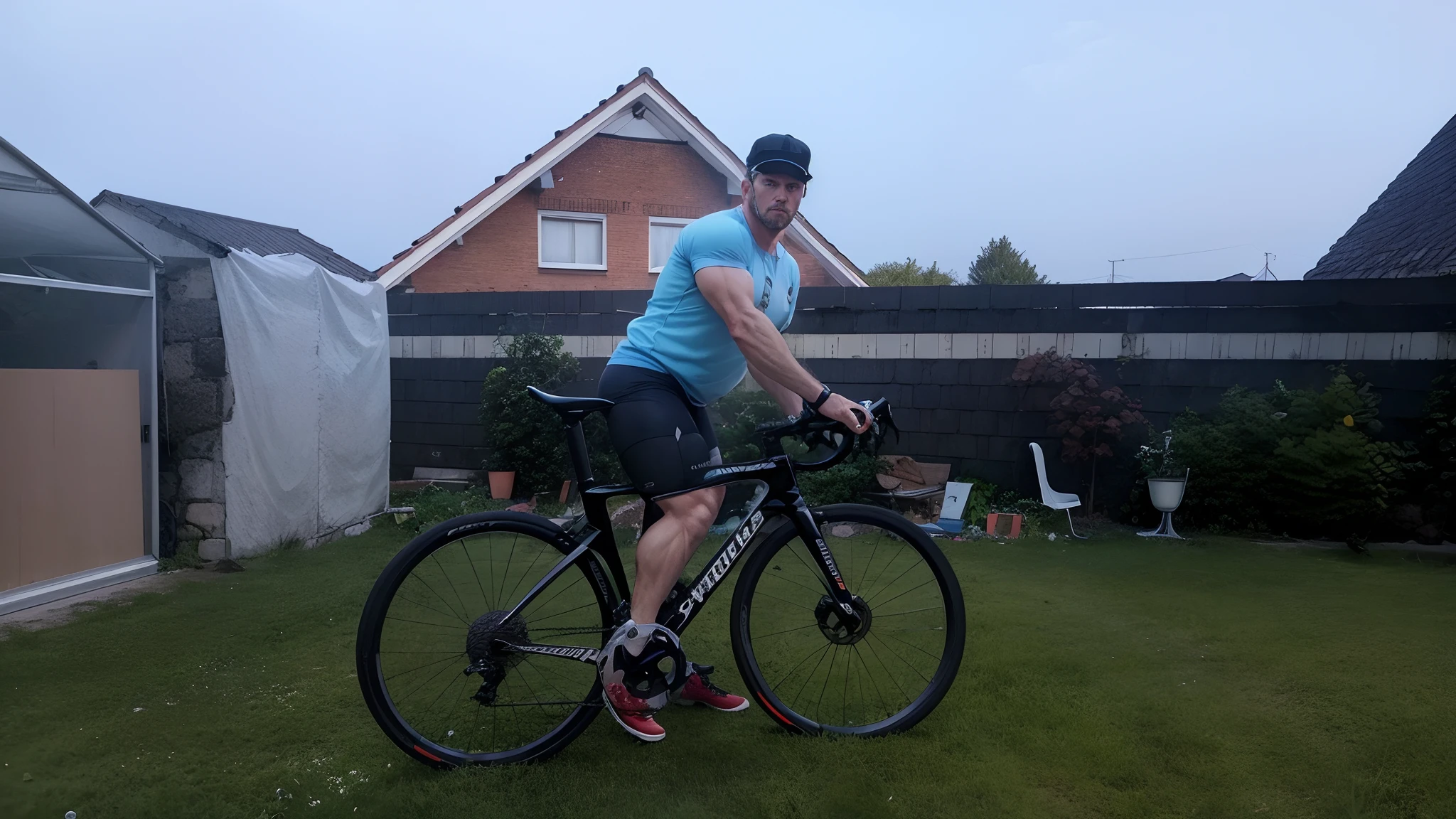 sporicher Typ auf Rennrad sieht sehr gut aus. strong muscular bodybuilding. photorealistic. masterpiece.. super quality. full hd