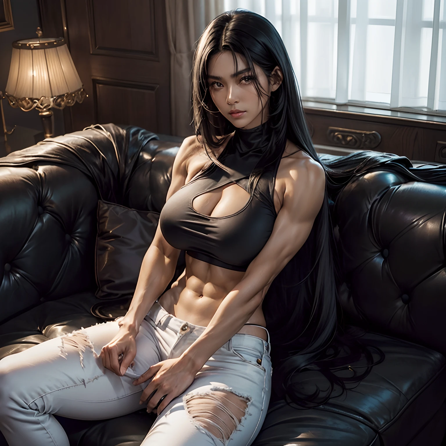 # Add tan,(tanned_skin:1.8),(dark_skin:1.8),(a Japanese woman sitting on the living_room sofa:1.5),(hold a paper:1.5),(big_tits:1.7), (broad_shouldered:2.1),(bulging_biceps:2.1),(massive_deltoids:2.1),(a narrow waist:1.5),(six-pack abs:1.5),(big buttocks:1.5), (wearing a white sports bra and blue jeans:1.5), (no_makeup:1.5),(black_hair:1.5),(long_hair:1.5),(straight_hair:1.5),Luxury Apartment Room,Pose with slightly open legs,(look down with disdain:1.5),Hot body with sexy belly,beautiful countenance,Photorealistic perfect body,Asian,Sexy face,a cold expression,scornful,(big eyes:1.1),(the eyes resembling those of a cat:1.1),frowning,Black iris,thin nose,lofty nose