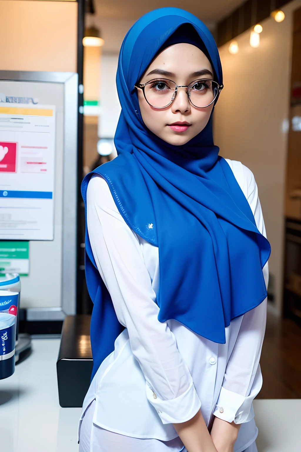 1 malay girl , modern pom-pom hijab, shy, medium portrait shot , watery eyes , blue glowing particles, wear pastel blue high waist pants and white shirts, blue bokeh light background, bright front light,