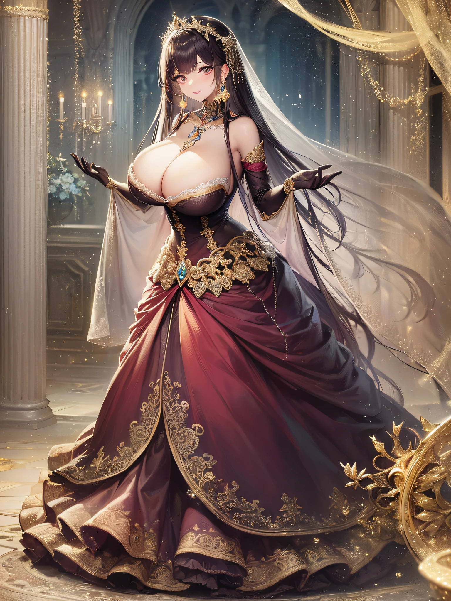 ((anime artstyle)),(Masterpiece),(Best Quality), (Super Detail),(Highly Detailed CG Unity 8k wallpaper),((Very Delicate and Beautiful)),cinematic lighting,1 girl,((full body portrait)),((standing in garden)),((solo)),(((1 fairytale princess in gorgeous embroidery and jeweled extremely gorgeous rococo princess ballgown with voluminous full length hoop skirt))),an hourglass waist,padded and corseted bodice,(((huge crinoline hoopskirt))),long train,((gorgeous embroidery and jeweled)),voluminous frills,See-through,(((extremely gigantic tits,skindentation))),cleavage,((absurdly Long Straight Hair,extremely voluminous Straight long Hair,absurdly Long Straight Hair)),(finely detailed face and eyes),(Blush,Smile),clear pupil,extremely gorgeousfull hair ornament,(bling-bling jeweled extremely gorgeousfull tiara),((bling-bling gorgeous gemstone jewelry)),gorgeous long veil,((ultra long gloves)),(beautiful background),(full body),((gorgeous embroidery and jeweled extremely gorgeous rococo princess ballgown with voluminous full length hoop skirt))
