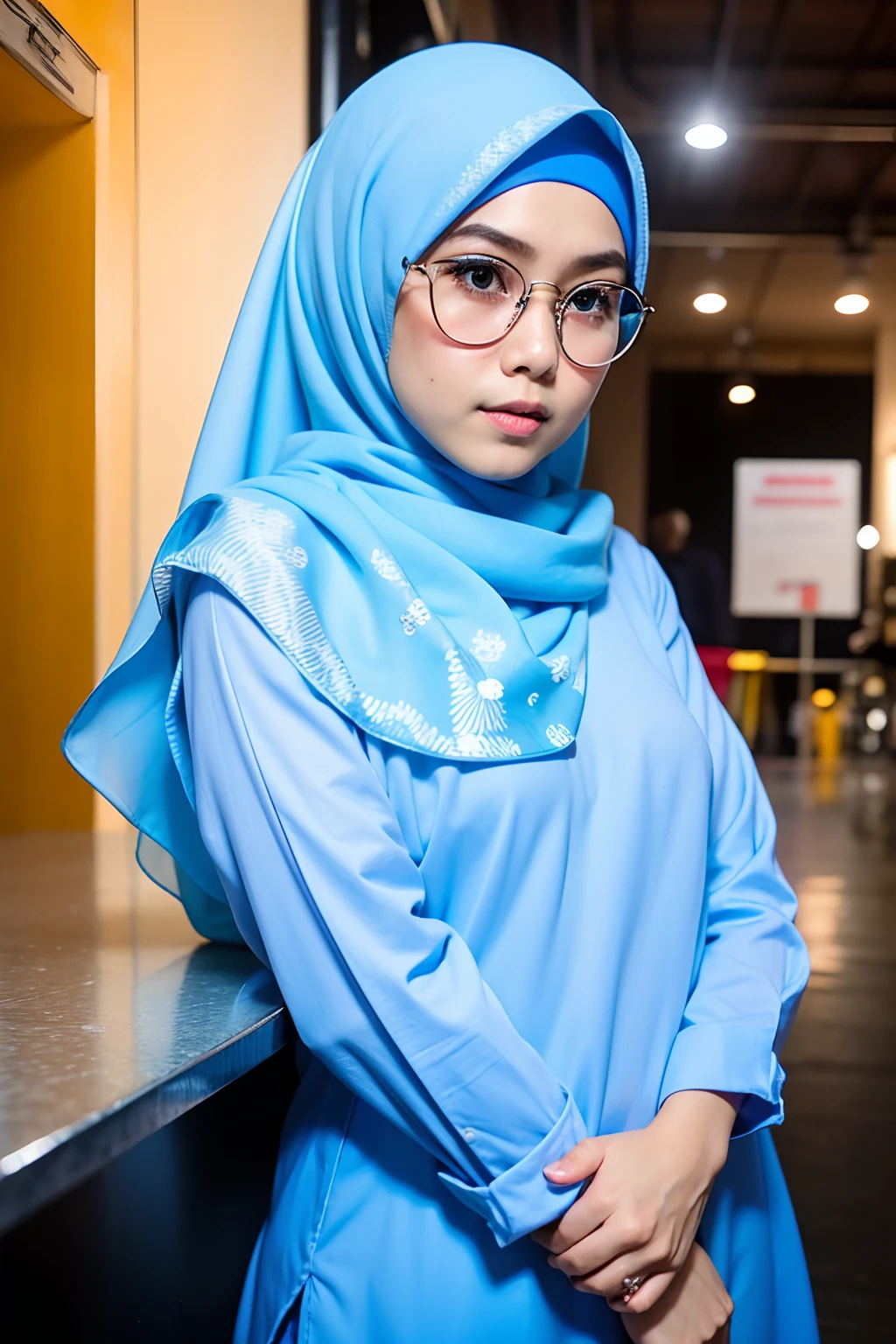 1 malay girl , modern pom-pom hijab, shy, medium portrait shot , watery eyes , blue glowing particles, wear pastel blue high waist pants and white shirts, blue bokeh light background, bright front light,